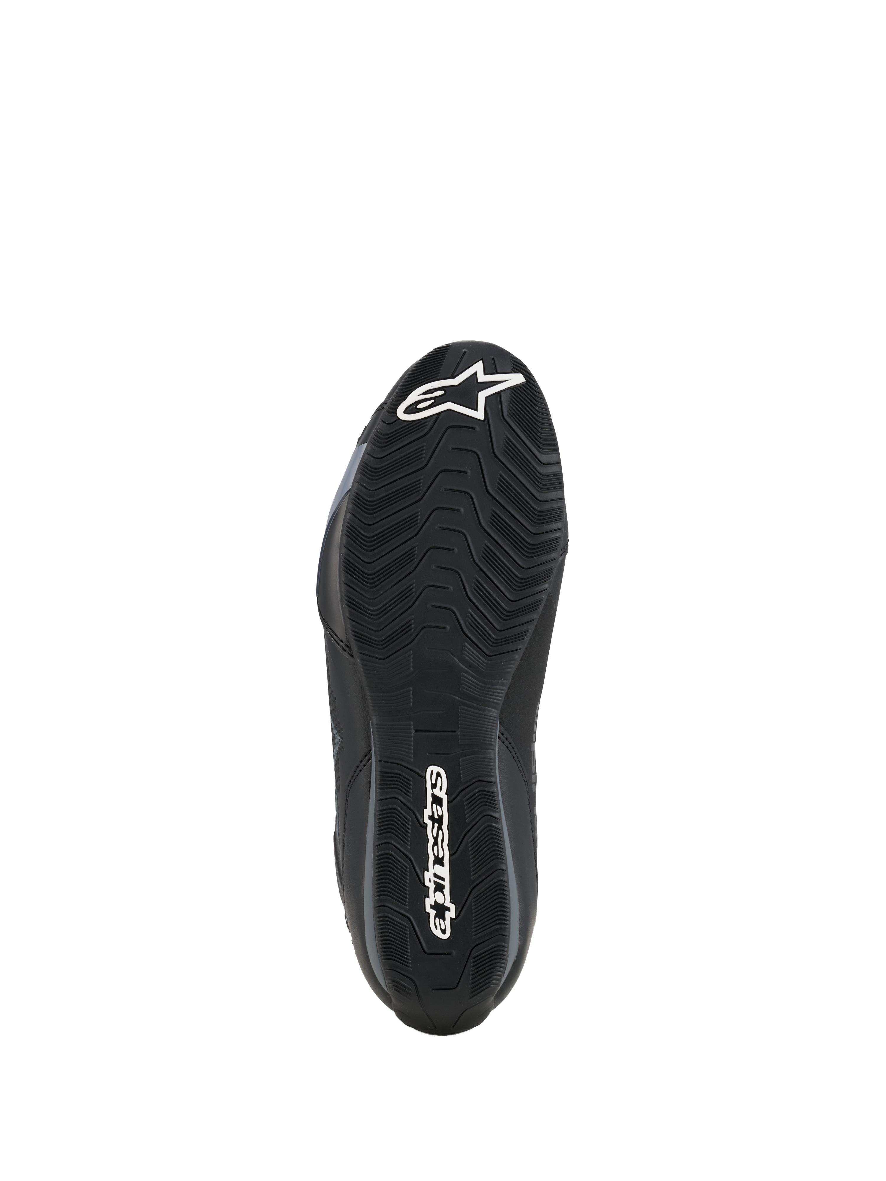 Alpinestars Celer Schuhe, Ansicht der Außensohle, schwarze ölbeständige Gummimischung mit strukturiertem wellenförmigem Profil, weißes Alpinestars-Logo an Zehen und Ferse, entwickelt für optimalen Halt auf Motorrad-Fußrasten