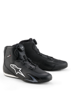 Alpinestars Celer Shoes, Motorcycle Riding Shoes, Black and White, featuring the Rotor Closure System dial, large white Astar logo on the side, sleek technical microfiber construction for sport street performance