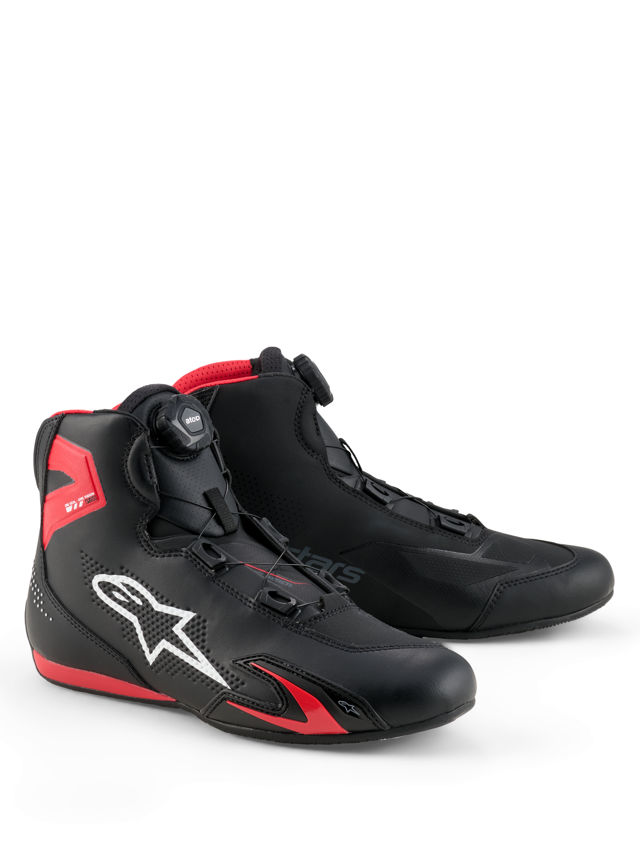 Alpinestars Celer Schuhe, Motorradschuhe, Schwarz und leuchtendes Rot, mit weißem Astars-Logo, mikrometrischem Rotor-Verschlusssystem und technischer Mikrofaser-Konstruktion mit roten TPU-Akzenten, stromlinienförmiges sportliches Design für Rennsport und Straßenfahrten