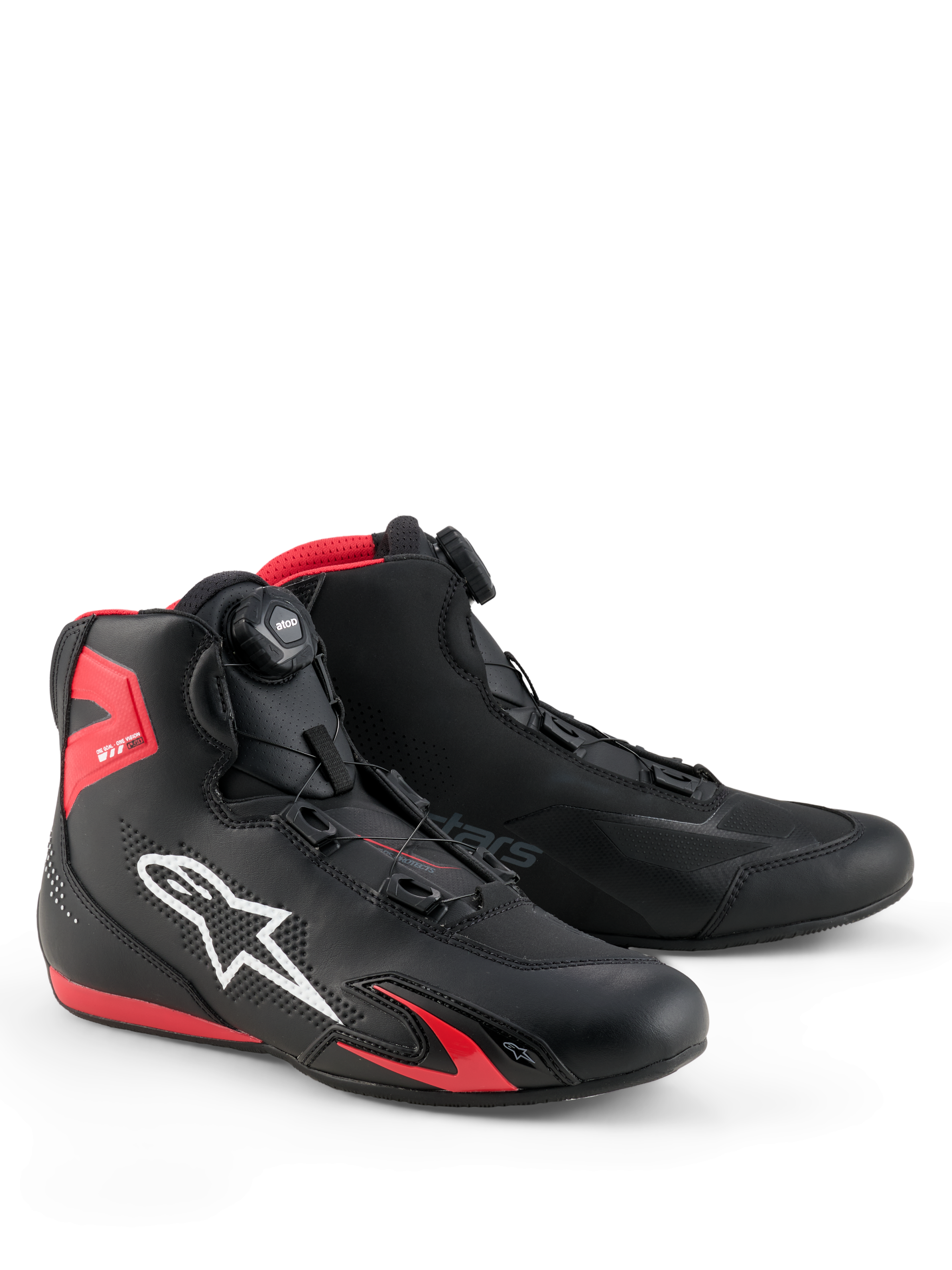 Alpinestars Celer Schuhe, Motorradschuhe, Schwarz und leuchtendes Rot, mit weißem Astars-Logo, mikrometrischem Rotor-Verschlusssystem und technischer Mikrofaser-Konstruktion mit roten TPU-Akzenten, stromlinienförmiges sportliches Design für Rennsport und Straßenfahrten