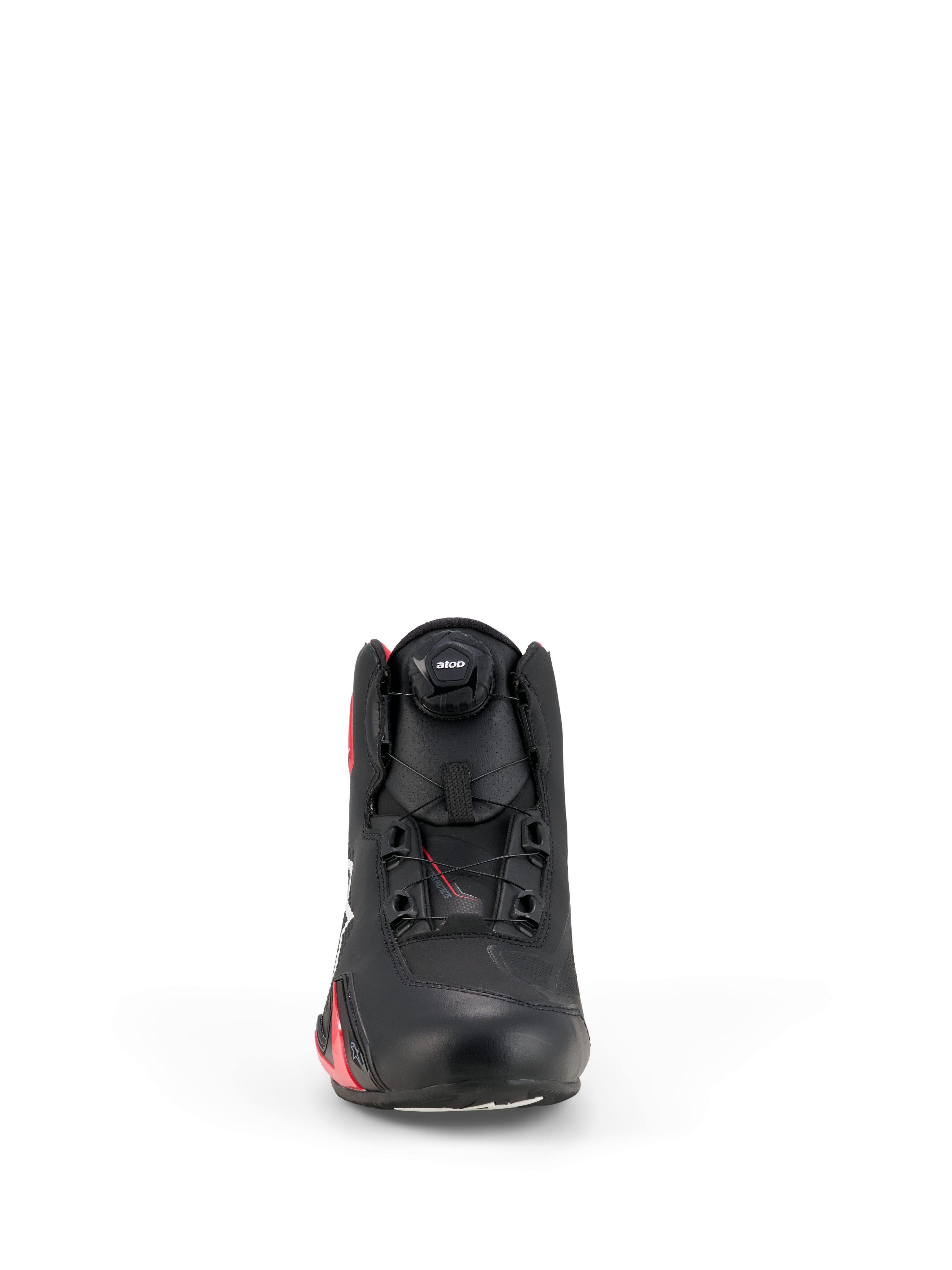Alpinestars Celer Schuhe, Motorradschuhe, Schwarz und leuchtendes Rot, Vorderansicht mit dem Rotor-Verschlusssystem, Obermaterial aus technischer Mikrofaser und stromlinienförmiges, vom Rennsport inspiriertes Design