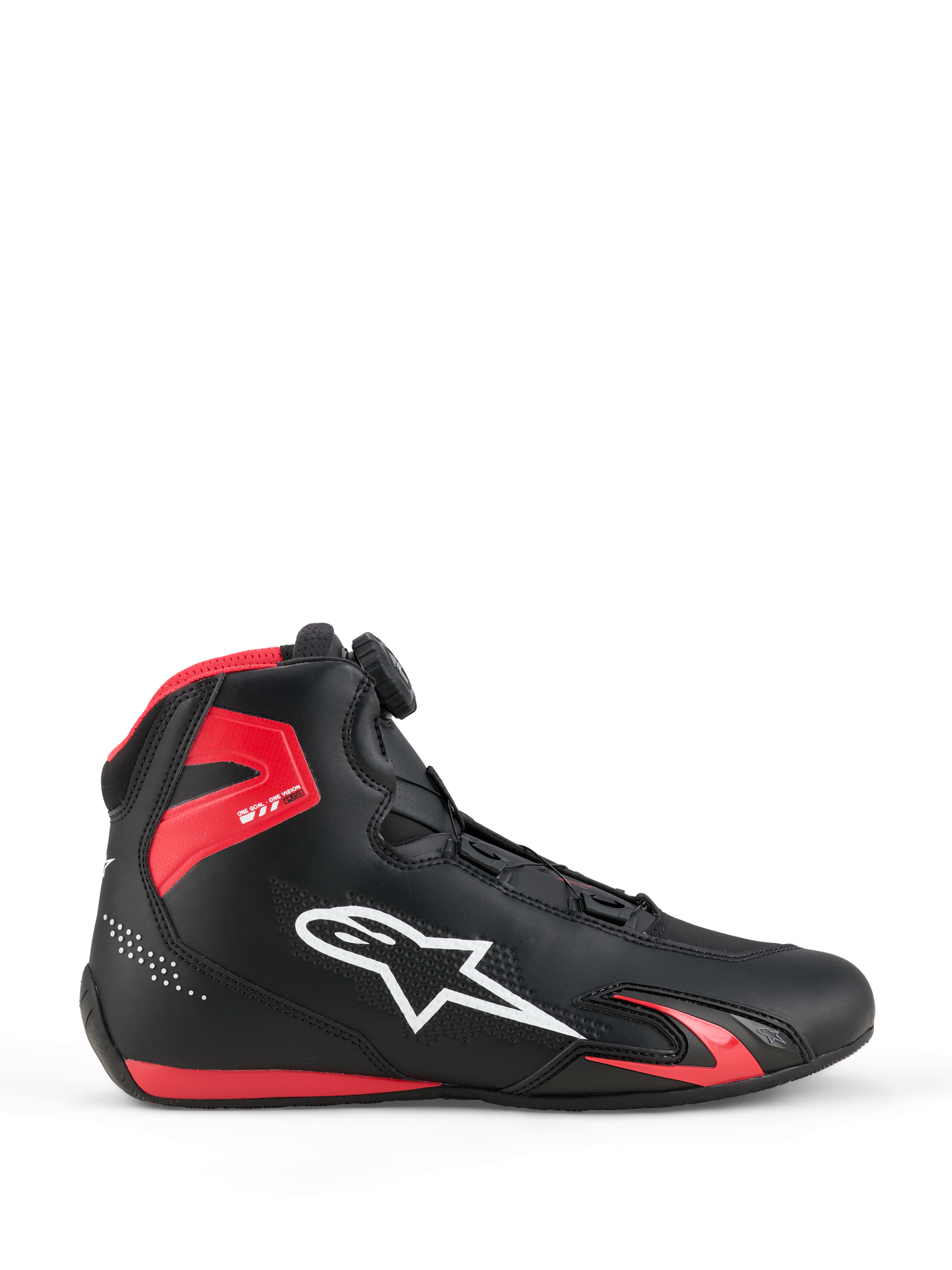 Alpinestars Celer Schuhe, Motorradschuhe, Schwarz und leuchtendes Rot, Seitenansicht mit weißem Alpinestars-Logo, Rotor-Verschlusssystem, roter TPU-Knöchelschutz und stromlinienförmige Mikrofaser-Konstruktion für Sport und Rennsport
