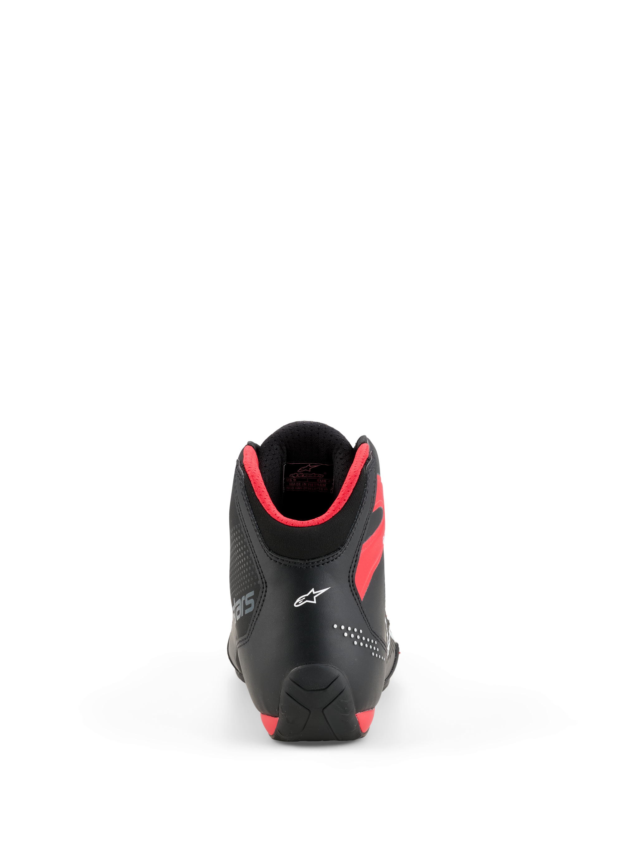 Alpinestars Celer Schuhe, Motorradschuhe, Schwarz und Leuchtend Rot, Rückansicht mit weißem Astar-Logo an der Ferse und leuchtend roter Kragenpolsterung, schlankes Sport-Performance-Design