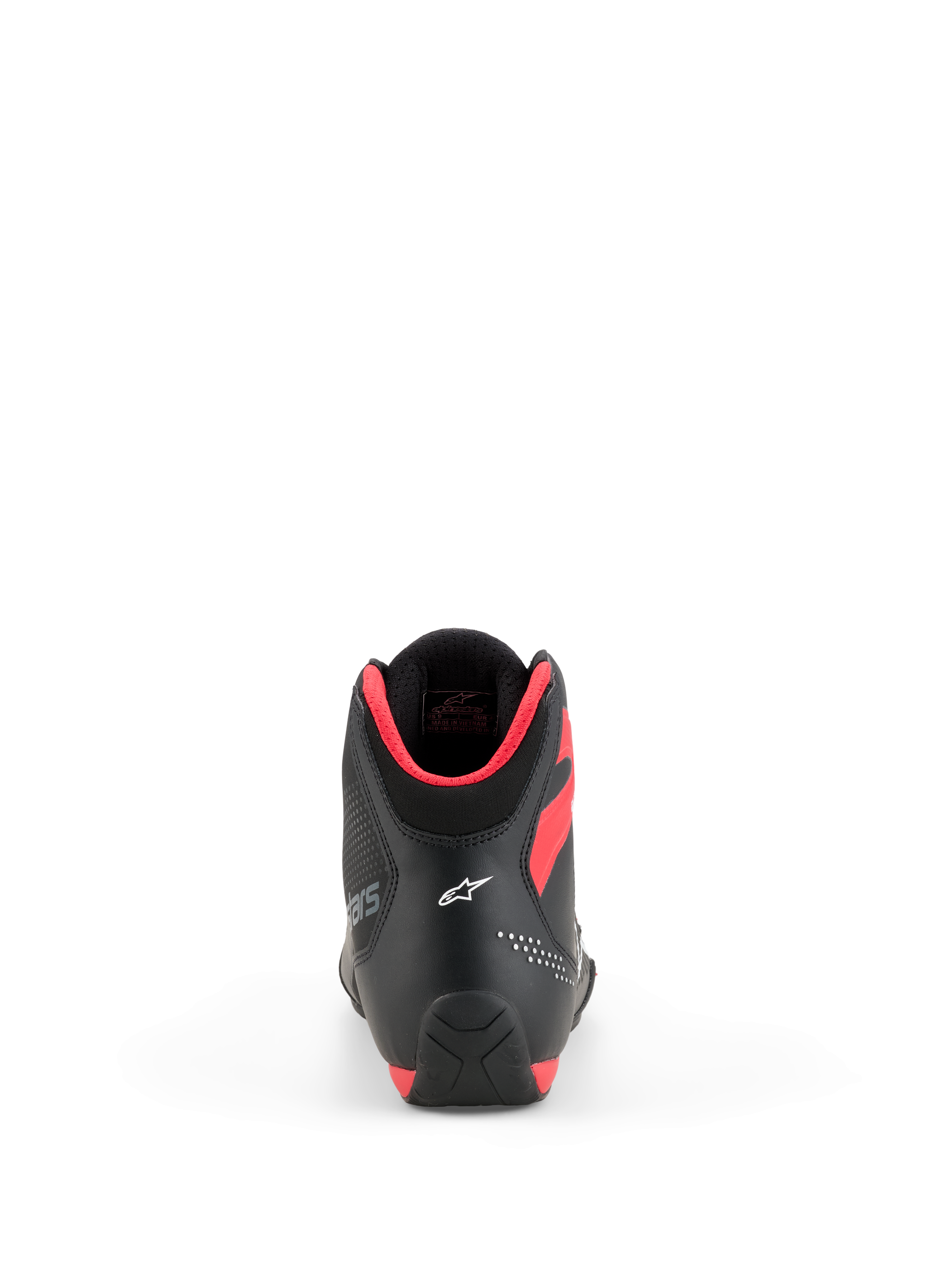 Alpinestars Celer Schuhe, Motorradschuhe, Schwarz und Leuchtend Rot, Rückansicht mit weißem Astar-Logo an der Ferse und leuchtend roter Kragenpolsterung, schlankes Sport-Performance-Design