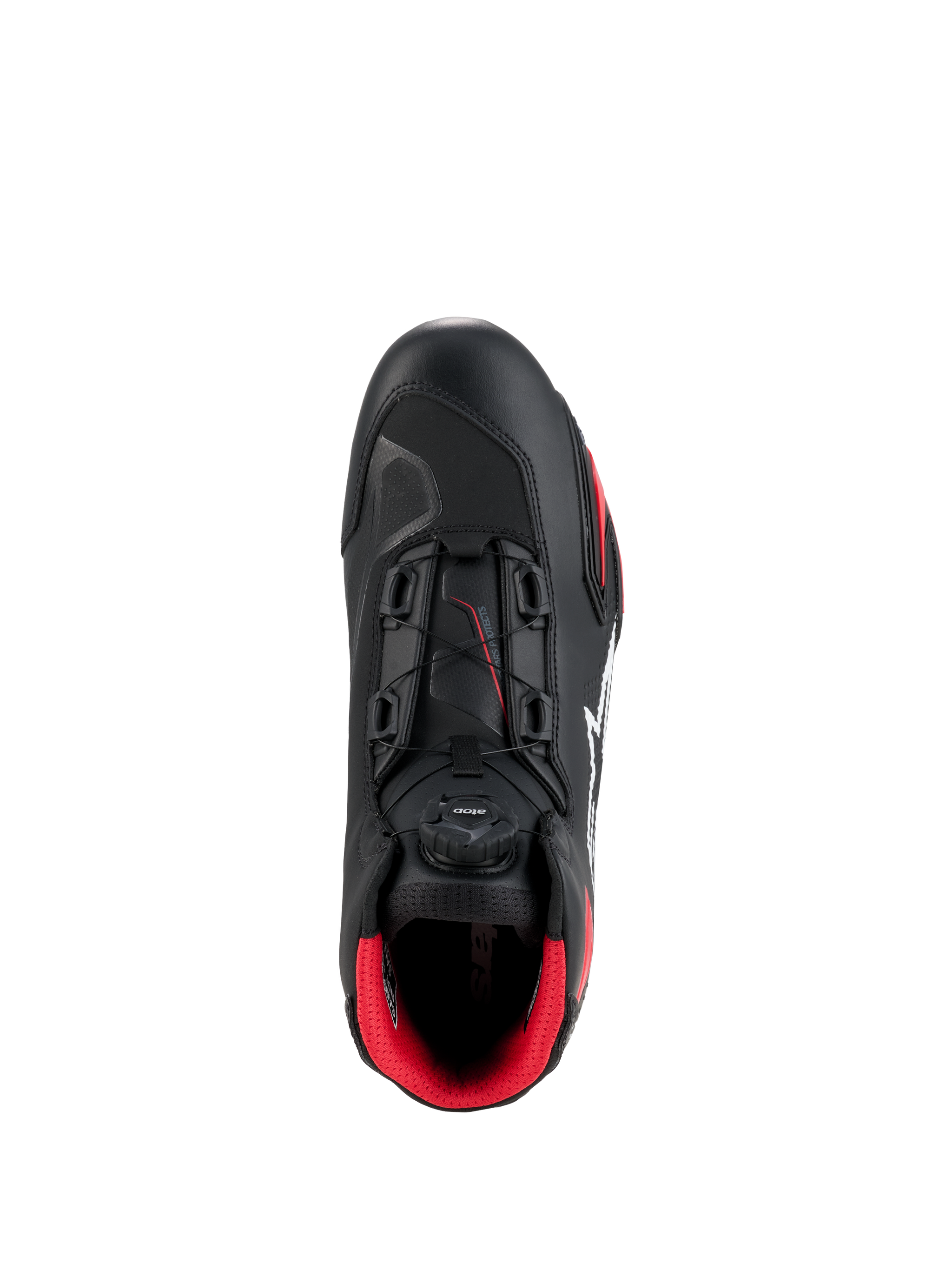 Alpinestars Celer Schuhe, Schwarz und Bright Red, Draufsicht mit Fokus auf das Rotor-Verschlusssystem, technische Mikrofaser-Konstruktion und leuchtend rotes Innenfutter, Sport-Motorradschuhe