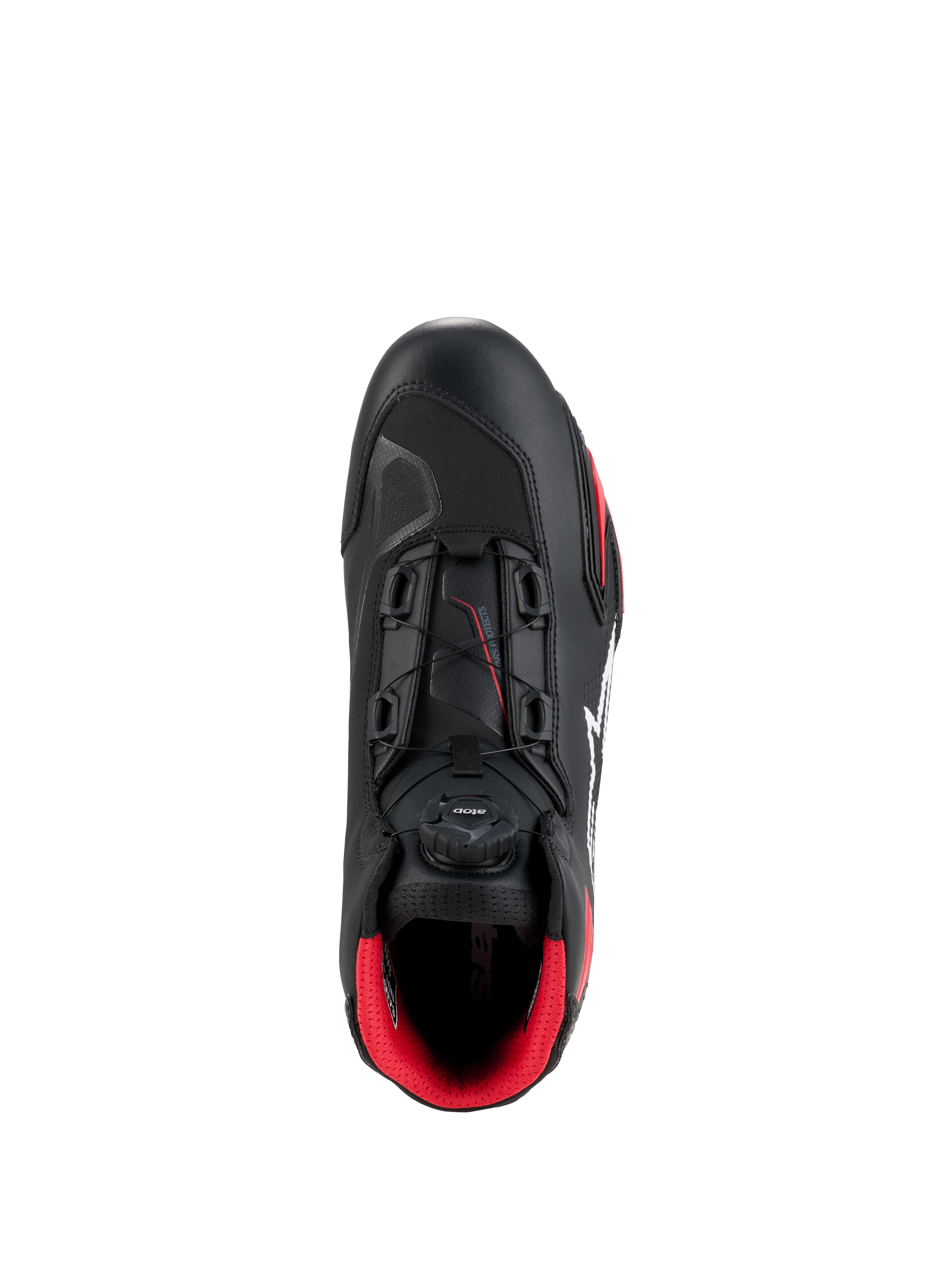 Alpinestars Celer Schuhe, Schwarz und Bright Red, Draufsicht mit Fokus auf das Rotor-Verschlusssystem, technische Mikrofaser-Konstruktion und leuchtend rotes Innenfutter, Sport-Motorradschuhe
