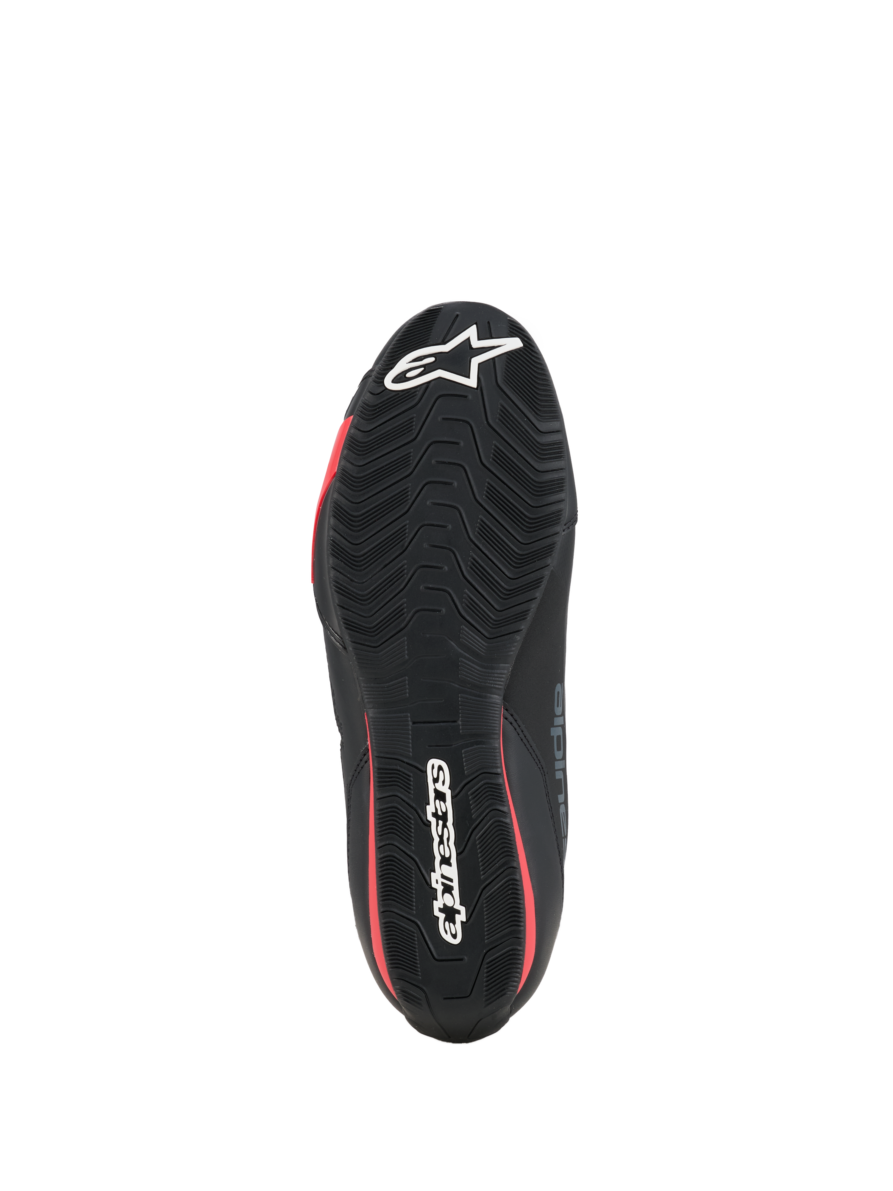 Alpinestars Celer Schuhe, Motorradschuhe, Schwarz und Bright Red, Unteransicht der strukturierten Gummisohle mit weißem Alpinestars-Branding und roten Akzenten.