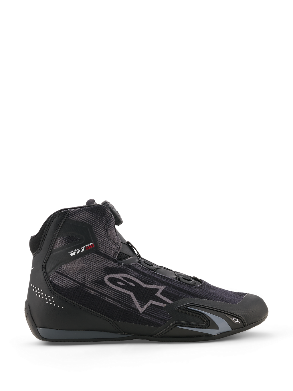 Alpinestars Celer Superair Schuhe, Motorradschuhe, Schwarz und Dunkelgrau, Seitenprofil mit hochluftdurchlässiger Textilkonstruktion, ausgestattet mit Rotor-Verschlusssystem und schützenden TPU-Verstärkungen, schlankes sportliches Motorsport-Design