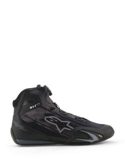 Alpinestars Celer Superair Shoes, motorcycle riding shoes, Black and Dark Gray, side profile with high-airflow textile construction, featuring a Rotor Closure System and protective TPU reinforcements, sleek athletic motorsport design.