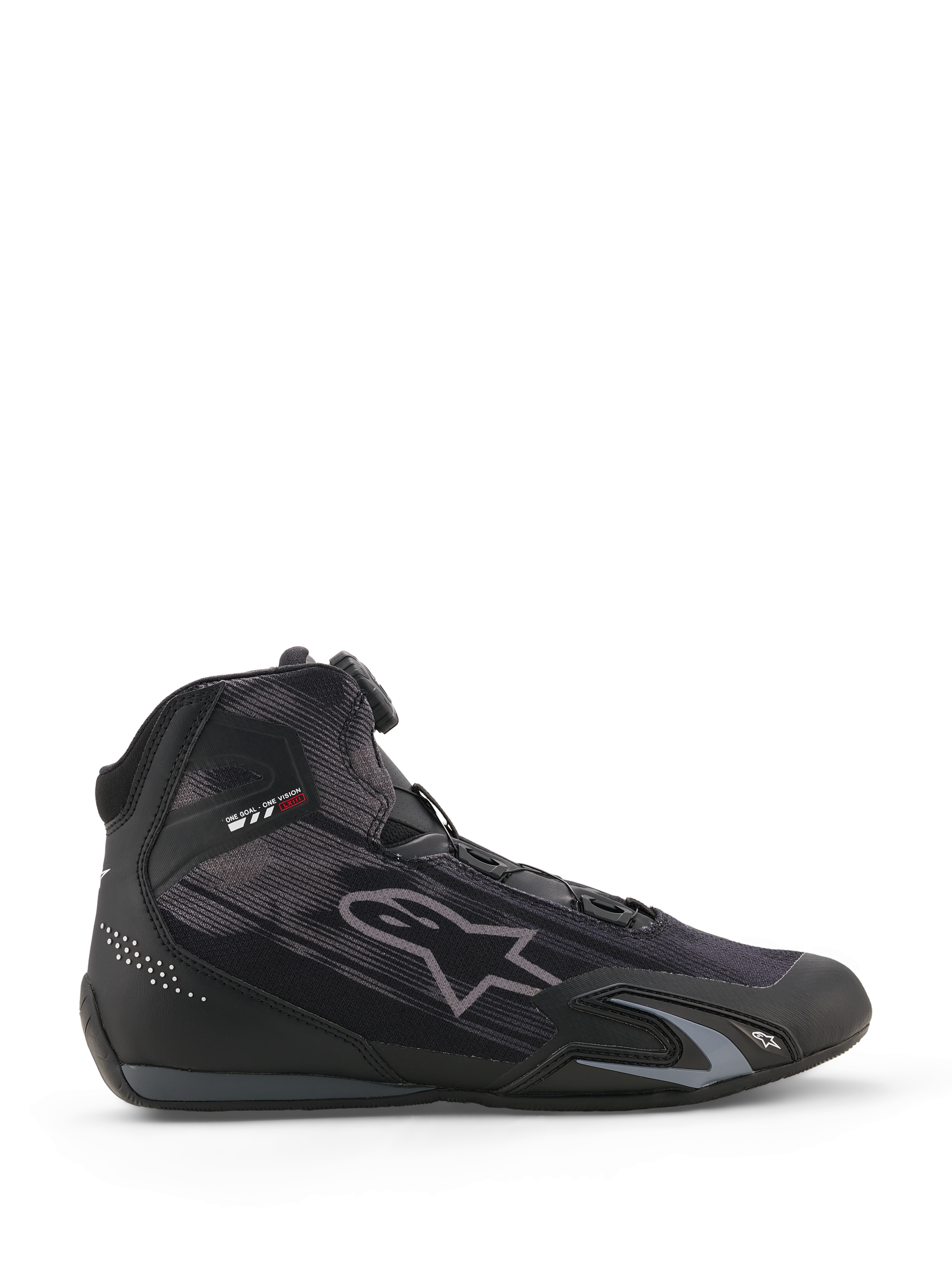 Alpinestars Celer Superair Shoes, motorcycle riding shoes, Black and Dark Gray, side profile with high-airflow textile construction, featuring a Rotor Closure System and protective TPU reinforcements, sleek athletic motorsport design.