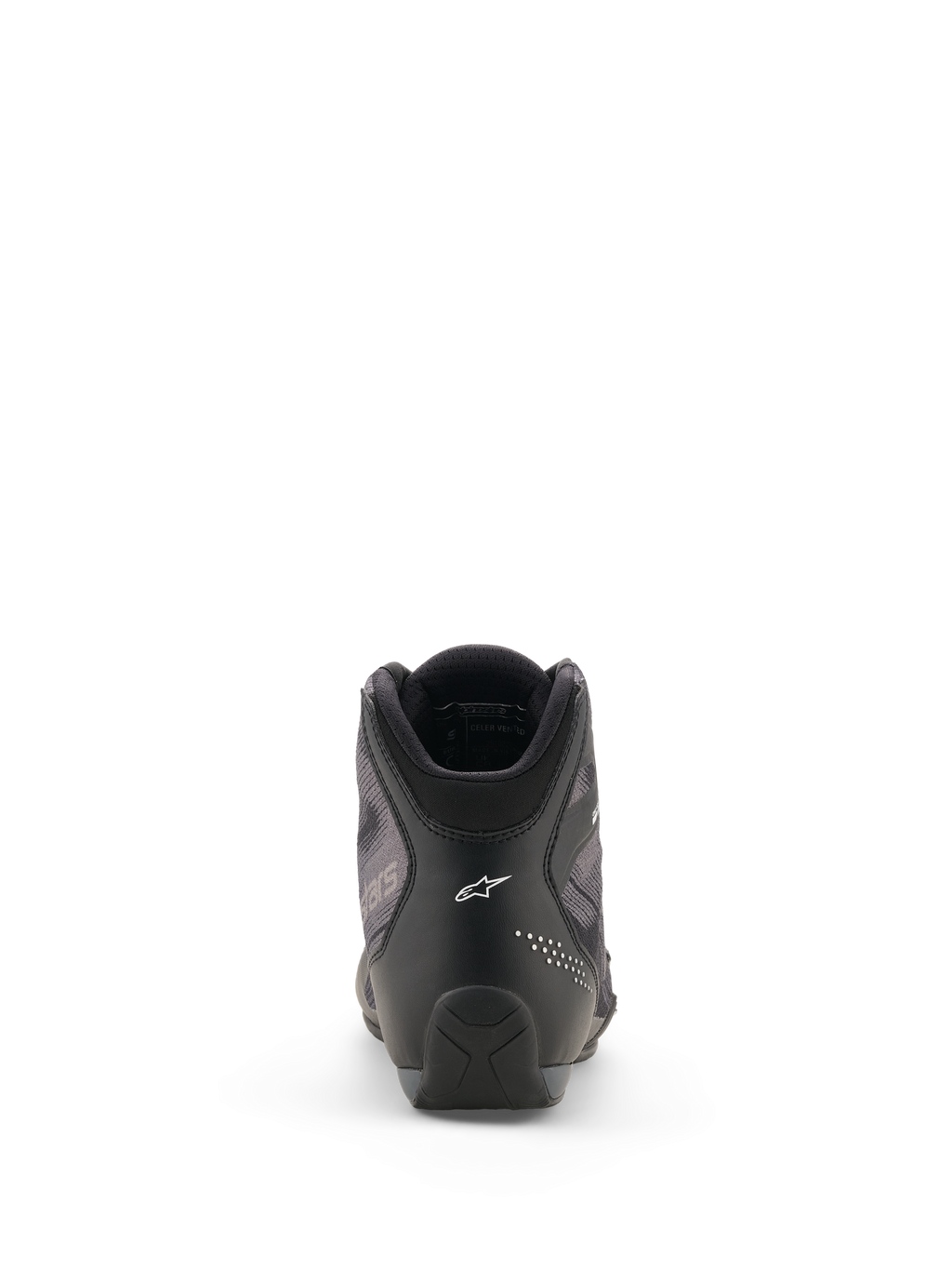 Alpinestars Celer Superair Schuhe, Motorradschuhe, Schwarz und Dunkelgrau, Rückansicht mit weißem Alpinestars-Logo an der Ferse, technische Mikrofaser- und Airflow-Textilkonstruktion, schlankes sportliches Design