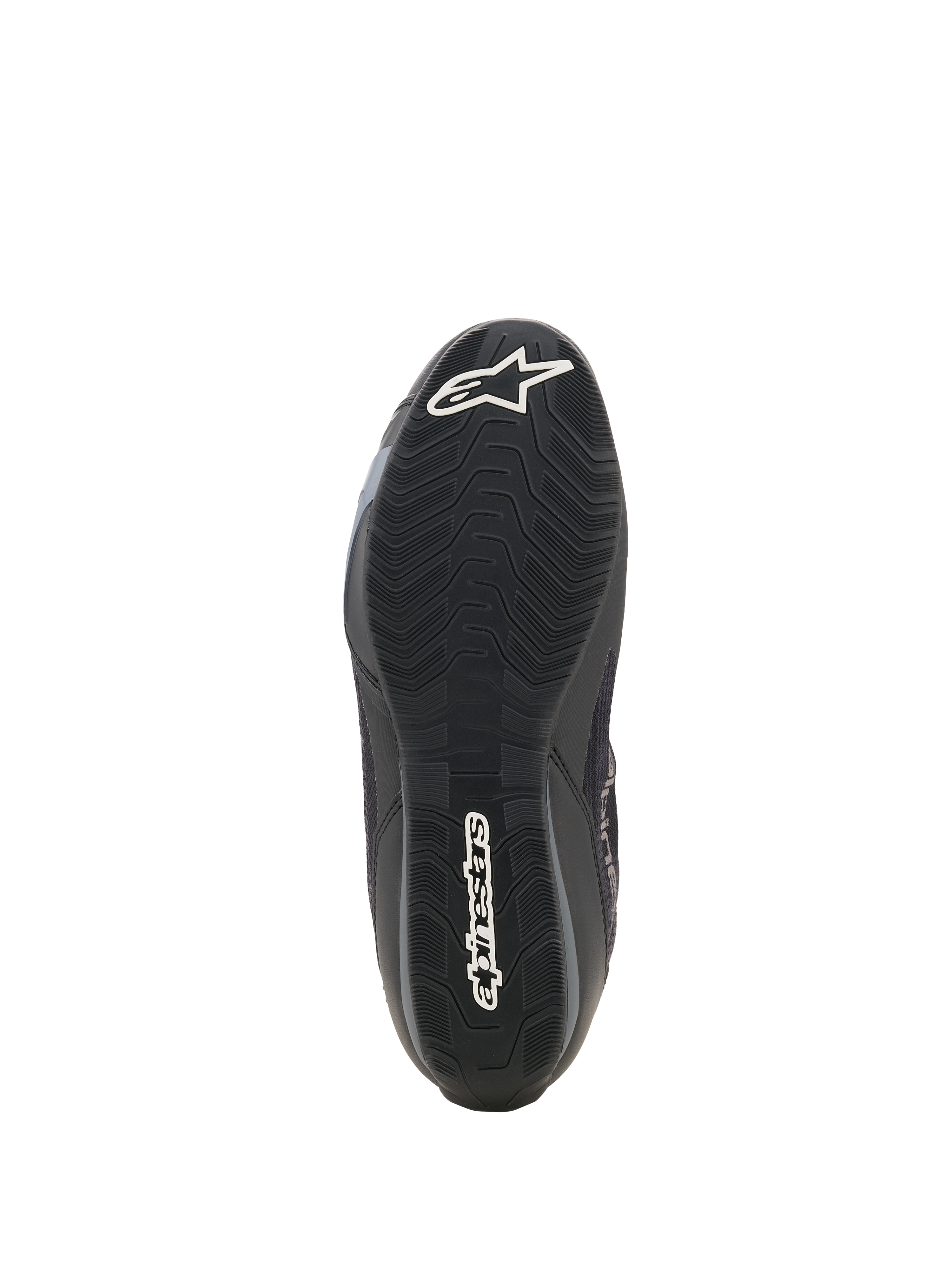 Alpinestars Celer Superair Schuhe, Motorradschuhe, Schwarz und Dunkelgrau, Unteransicht der texturierten, ölbeständigen Gummilaufsohle mit weißem Alpinestars Stern-Logo an der Spitze und Schriftzug an der Ferse