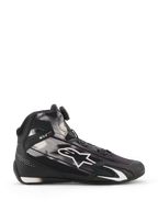 Alpinestars Celer Superair Shoes, Motorcycle Riding Shoes, Black and White, side profile view featuring white graphic patterns and large Astar logo, Rotor Closure System on the tongue, TPU ankle protection with 'ONE GOAL ONE VISION' branding, breathable textile upper for warm-weather performance