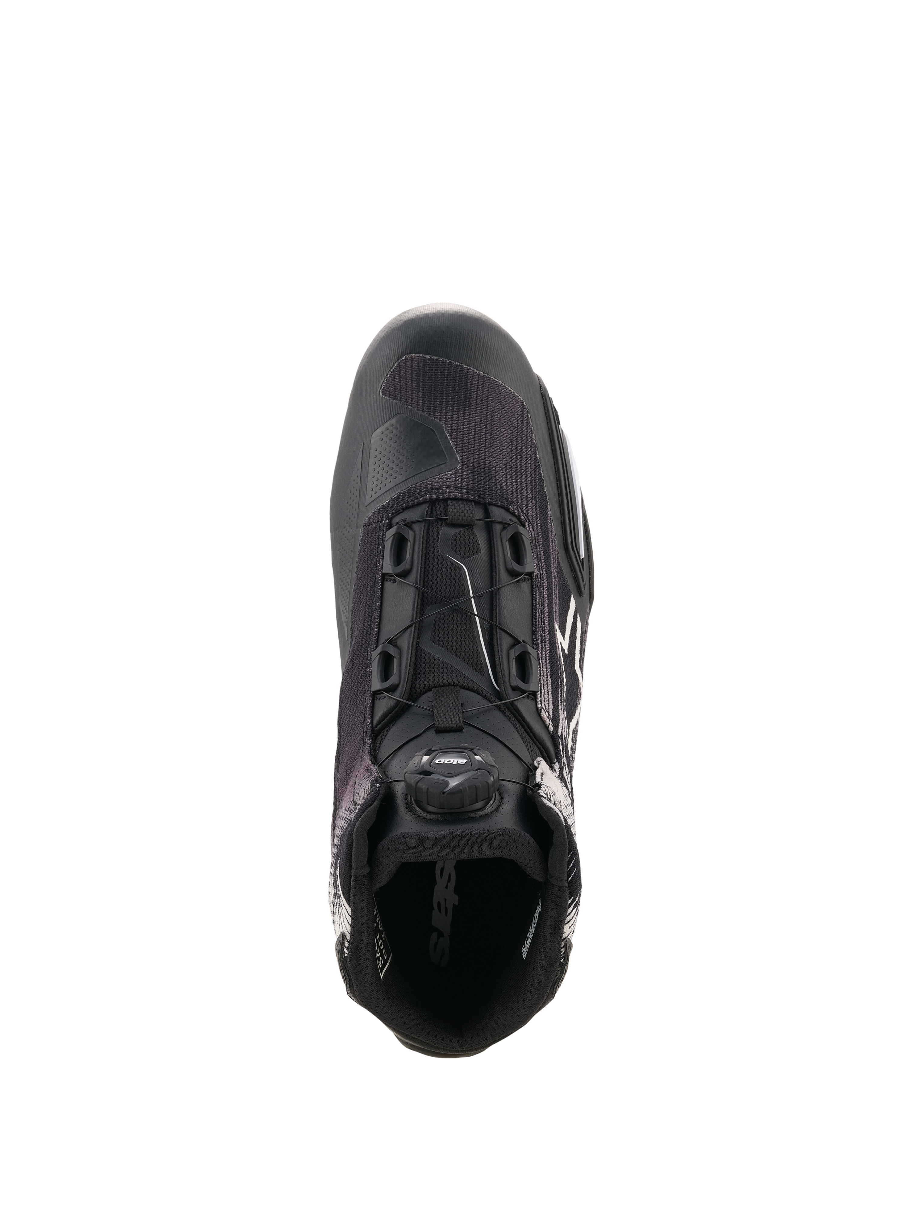 Alpinestars Celer Superair Shoes, Black and White motorcycle riding shoe shown from a top-down perspective, featuring the integrated Rotor Closure System, breathable textile upper, and sport-inspired design for warm-weather performance.