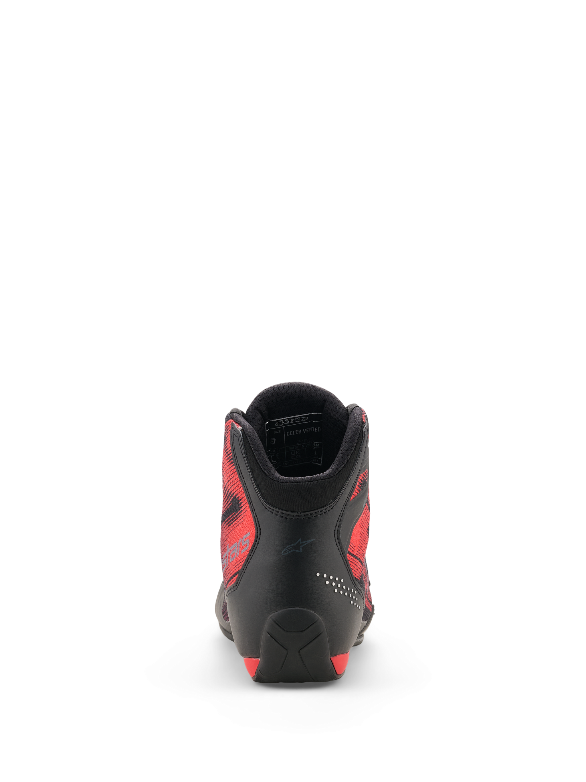 Alpinestars Celer Superair Schuhe, Rückansicht, Schwarz und leuchtendes Rot, mit verstärkter Mikrofaser-Ferse, atmungsaktiven roten Luftstrom-Textil-Seitenpaneelen mit Grafikdesign und gepolstertem Kragen mit 3D-Mesh-Futter, Sport-Motorradschuhe