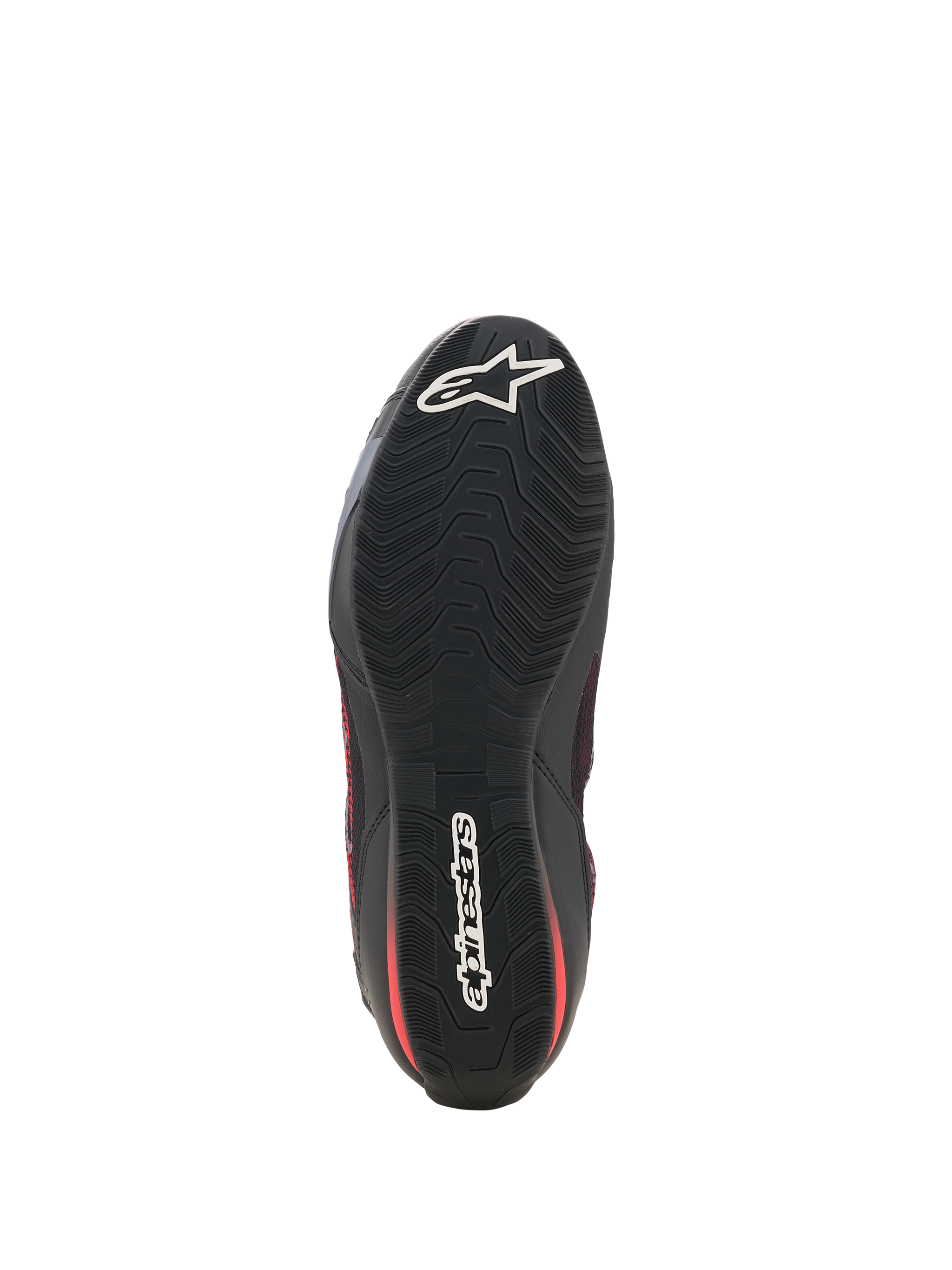 Alpinestars Celer Superair Schuhe, Motorradschuhe, Schwarz und Bright Red, Unteransicht mit der schwarzen ölbeständigen Gummilaufsohle, texturiertem wellenförmigem Profilmuster und weißem Alpinestars-Branding an Zehen und Ferse.