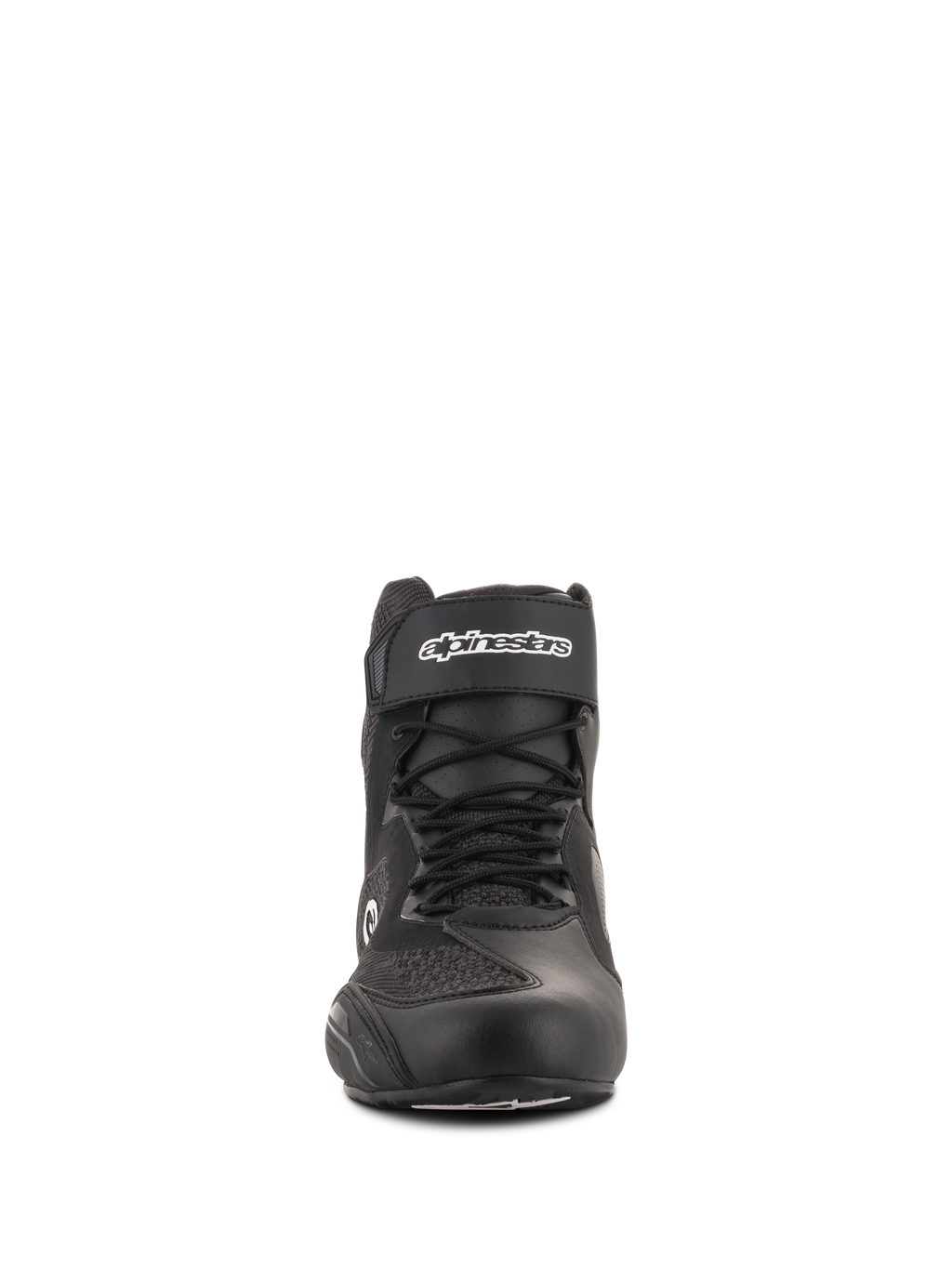 Alpinestars Faster-3 Rideknit® Schuhe, Motorradschuhe, Schwarz, Frontansicht, mit Klettverschluss am Knöchel und weißem Branding, Schnürsenkeln und atmungsaktiven Strick-Mesh-Einsätzen, elegantes Schuhwerk für die Straße