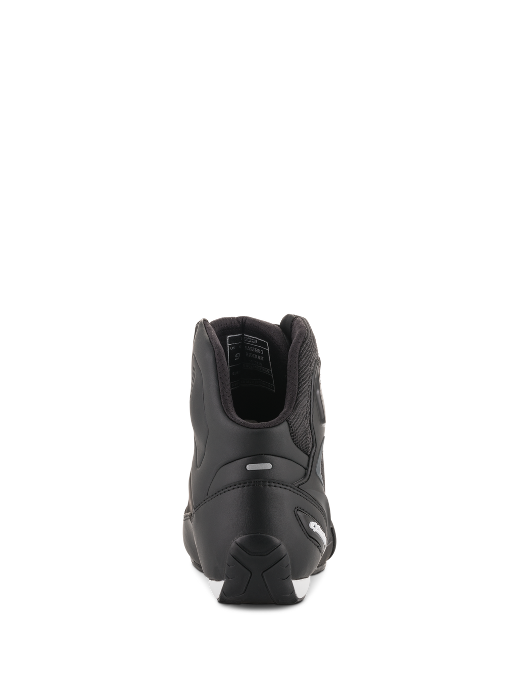 Alpinestars Faster-3 Rideknit® Schuhe, schwarze Motorradschuhe, Rückansicht mit TPR-Fersenkappe und Mikrofaser-Konstruktion, elegantes und schützendes Schuhwerk für den Straßenrennsport