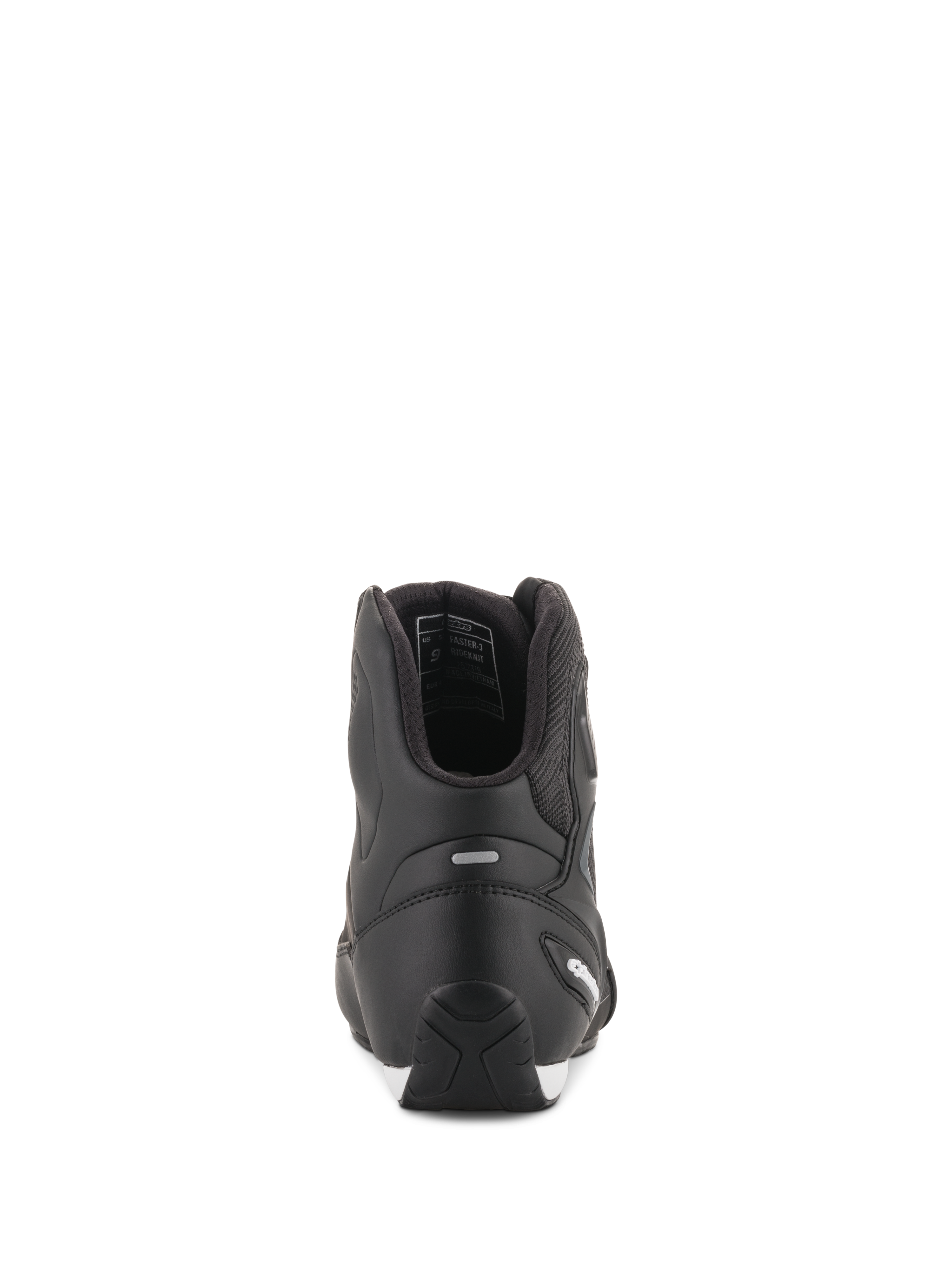 Alpinestars Faster-3 Rideknit® Schuhe, schwarze Motorradschuhe, Rückansicht mit TPR-Fersenkappe und Mikrofaser-Konstruktion, elegantes und schützendes Schuhwerk für den Straßenrennsport