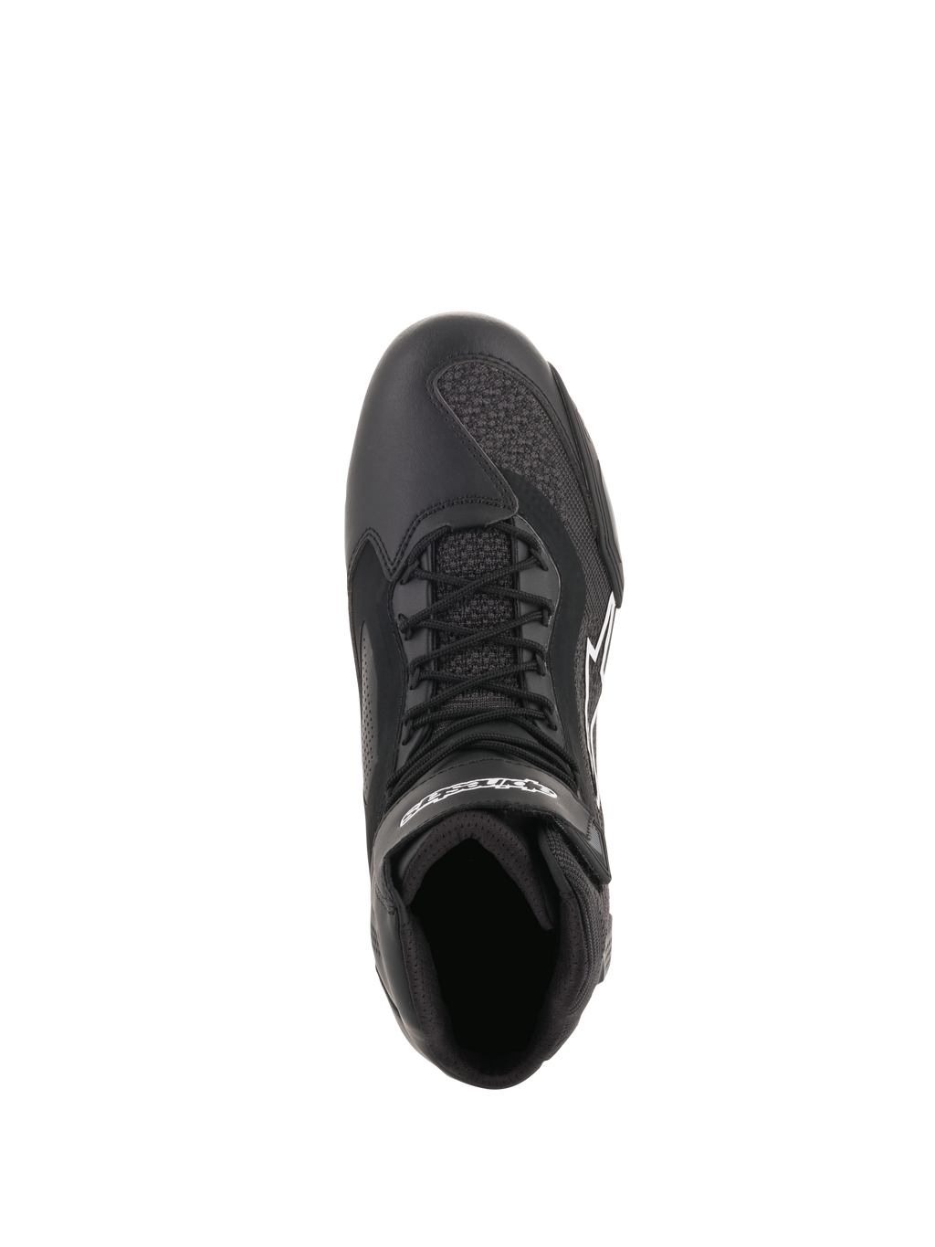 Alpinestars Faster-3 Rideknit® Schuhe, Schwarz, Draufsicht zeigt Schnürsenkel und atmungsaktive Mesh-Einsätze, leichte Mikrofaser- und Strickkonstruktion, leistungsstarkes Motorradschuhwerk