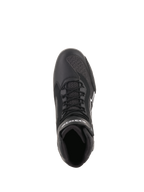 Alpinestars Faster-3 Rideknit® Schuhe, Schwarz, Draufsicht zeigt Schnürsenkel und atmungsaktive Mesh-Einsätze, leichte Mikrofaser- und Strickkonstruktion, leistungsstarkes Motorradschuhwerk