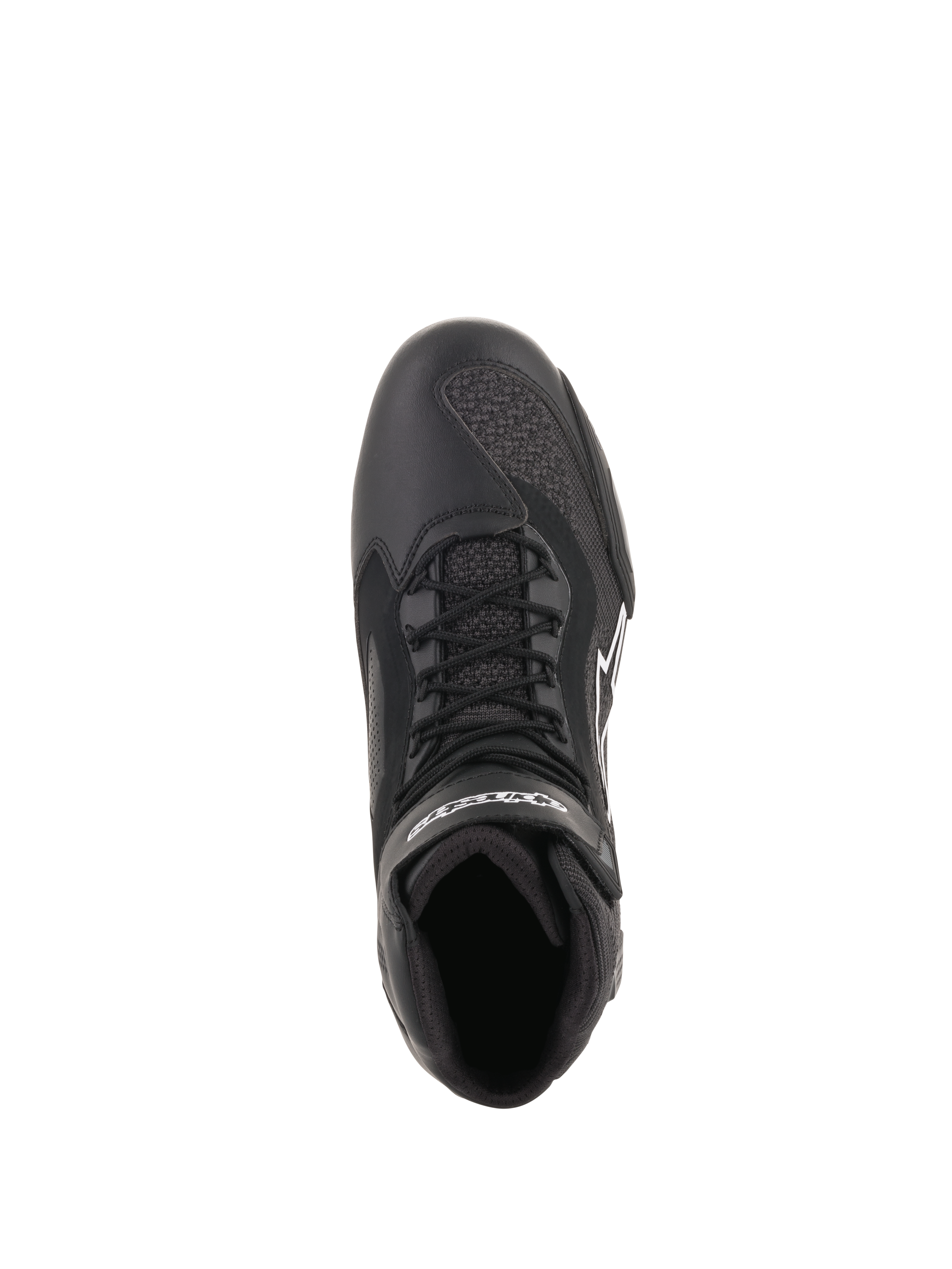 Alpinestars Faster-3 Rideknit® Schuhe, Schwarz, Draufsicht zeigt Schnürsenkel und atmungsaktive Mesh-Einsätze, leichte Mikrofaser- und Strickkonstruktion, leistungsstarkes Motorradschuhwerk