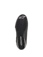 Alpinestars Faster-3 Rideknit® Schuhe, Schwarz, Unteransicht der Sohle mit strukturiertem Wellenprofil, weißem Alpinestars Logo und Markenschriftzug, Performance-Motorradschuh
