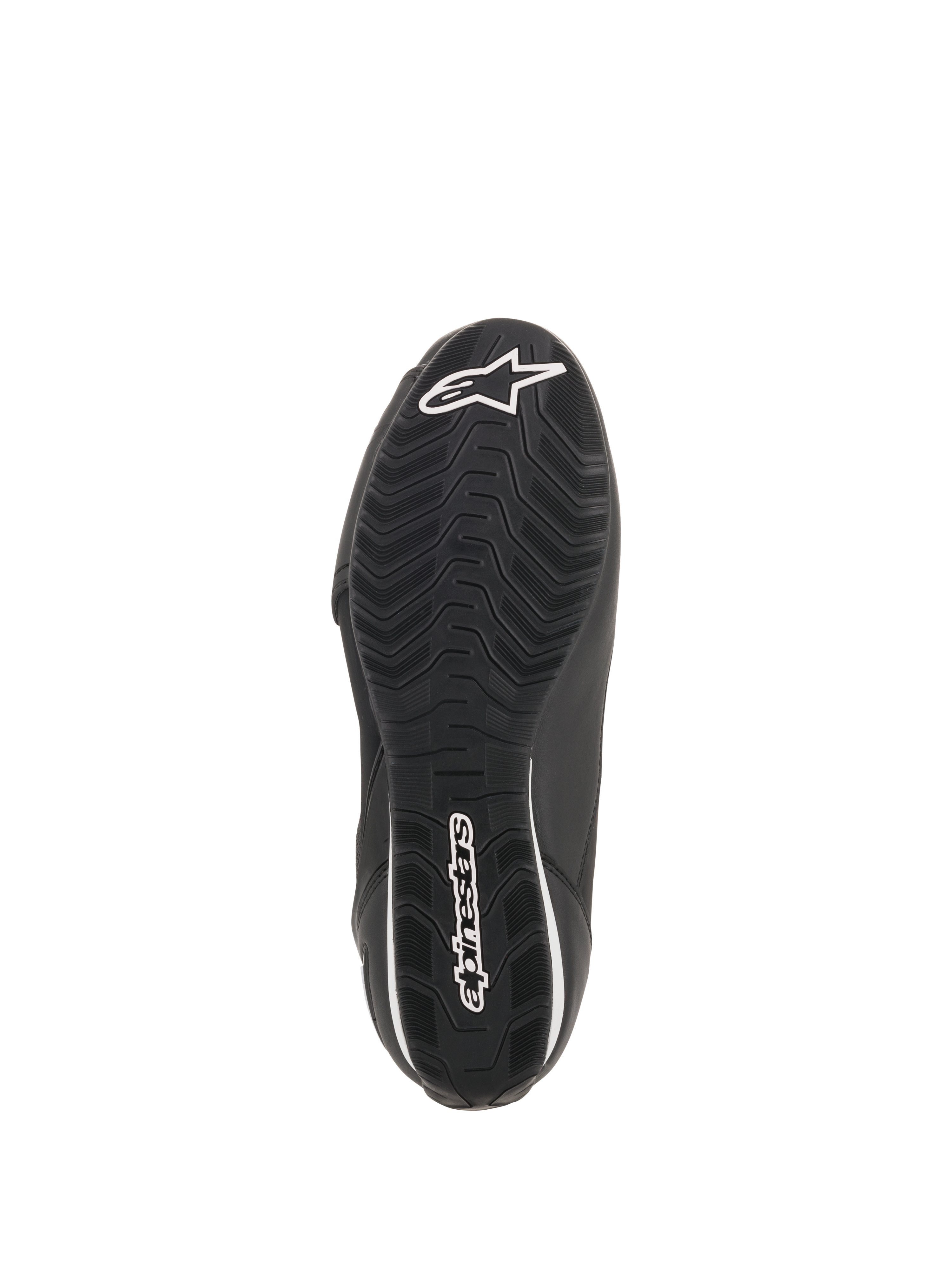 Alpinestars Faster-3 Rideknit® Schuhe, Schwarz, Unteransicht der Sohle mit strukturiertem Wellenprofil, weißem Alpinestars Logo und Markenschriftzug, Performance-Motorradschuh