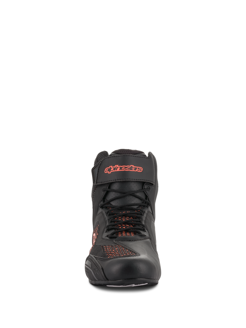 Alpinestars Faster-3 Rideknit® Schuhe, Schwarz und Rot Fluo, Frontansicht, Motorradschuh mit atmungsaktiven Strick-Mesh-Einsätzen und Klettverschluss am Knöchel mit rotem Logo