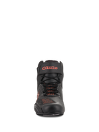 Alpinestars Faster-3 Rideknit® Schuhe, Schwarz und Rot Fluo, Frontansicht, Motorradschuh mit atmungsaktiven Strick-Mesh-Einsätzen und Klettverschluss am Knöchel mit rotem Logo