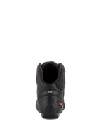 Alpinestars Faster-3 Rideknit® Schuhe, Motorradschuhe, Schwarz und Rot Fluo, Rückansicht mit Fokus auf die TPR-Fersenkappe, den gepolsterten Knöchelbereich und das rote Logo-Detail an der Ferse.