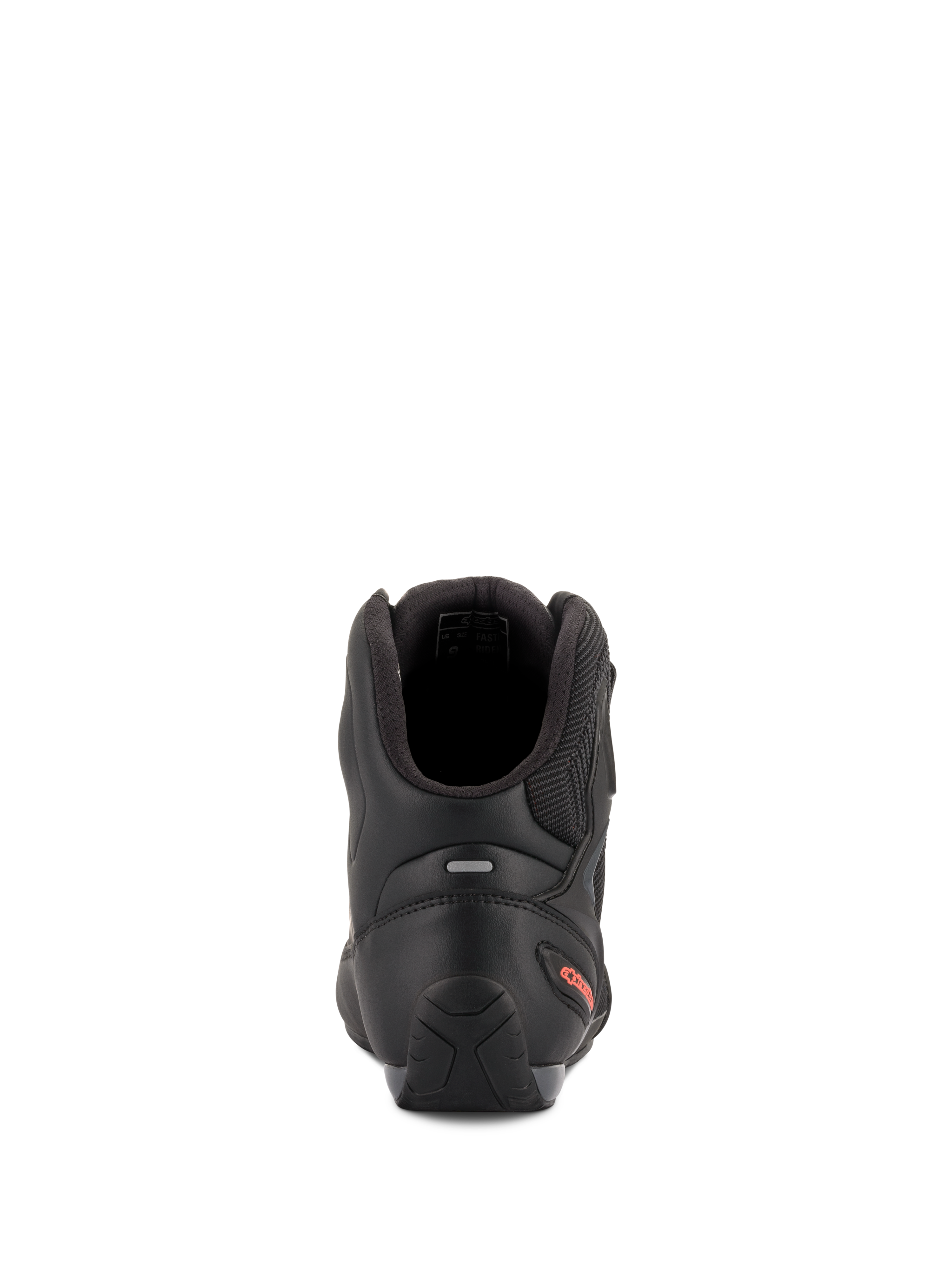 Alpinestars Faster-3 Rideknit® Schuhe, Motorradschuhe, Schwarz und Rot Fluo, Rückansicht mit Fokus auf die TPR-Fersenkappe, den gepolsterten Knöchelbereich und das rote Logo-Detail an der Ferse.