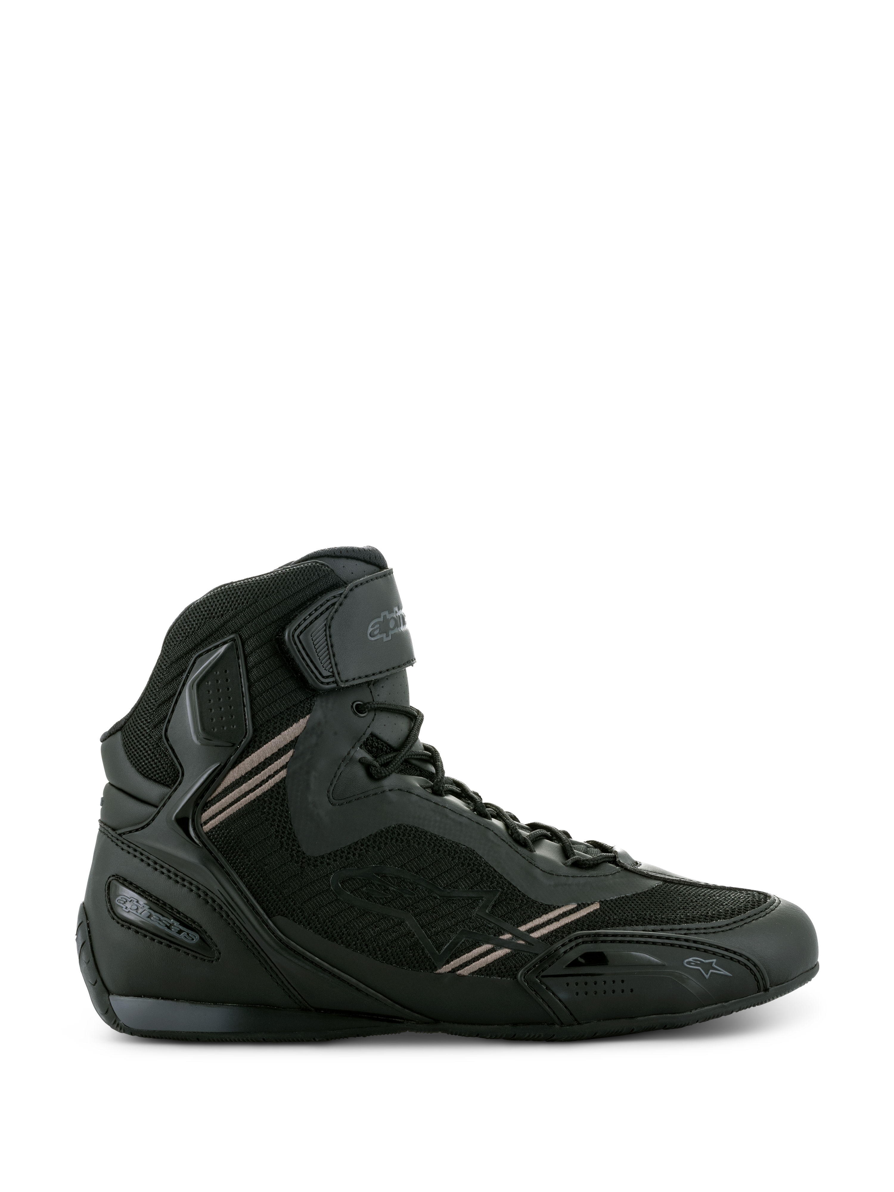Alpinestars Faster-3 Rideknit® Shoes, Black motorcycle riding sneakers, lightweight microfiber and breathable mesh construction, lace-up closure with hook-and-loop ankle strap, protective high-top design for urban road riding