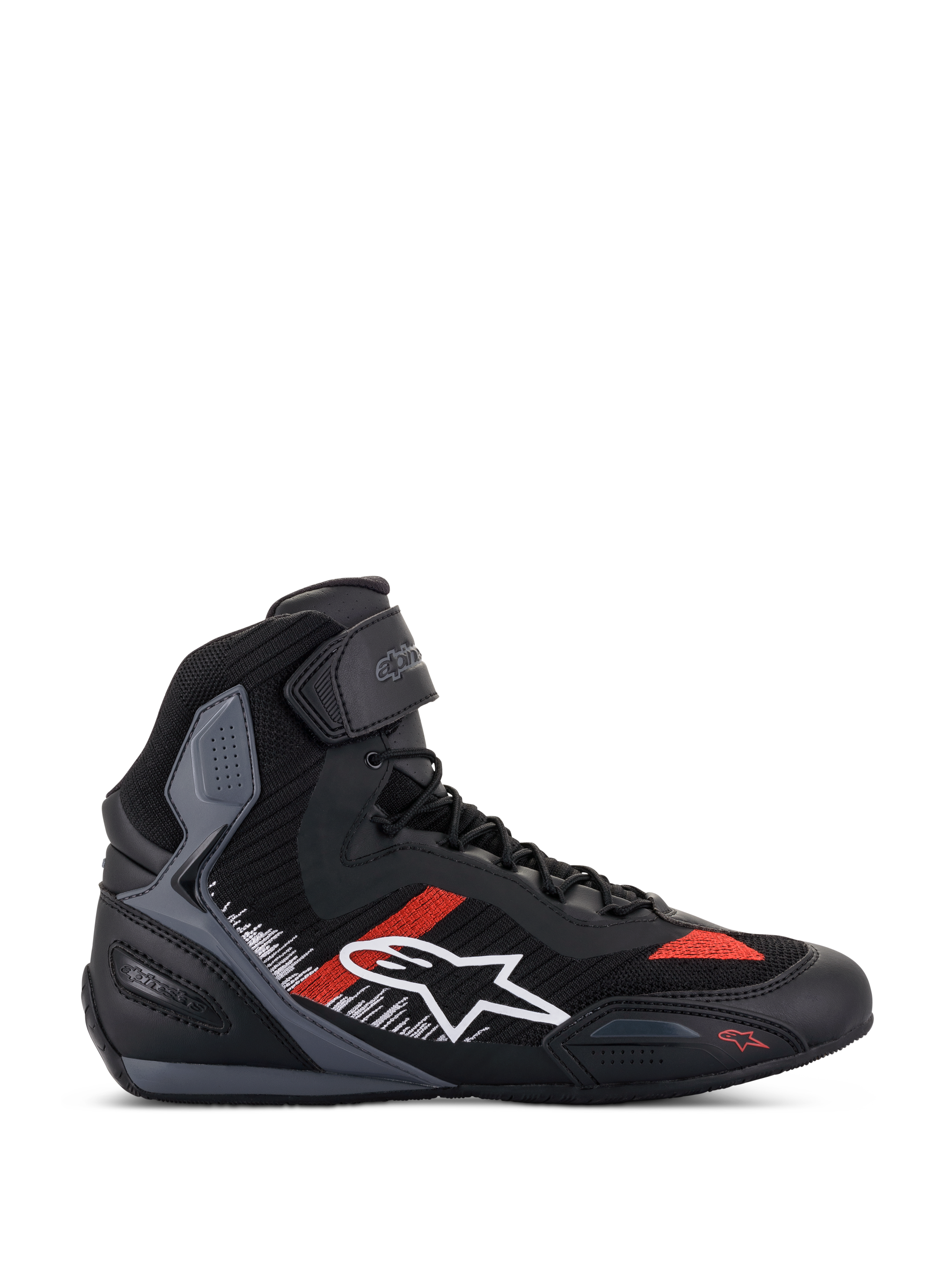 Alpinestars Faster-3 Rideknit Schuhe, Motorrad-Sneaker, Schwarz mit grauen und leuchtend roten Akzenten, High-Top-Design mit weißem Stern-Logo, atmungsaktive Strickkonstruktion, Knöchelriemen, graue texturierte Einsätze, schwarz-graue Sohle