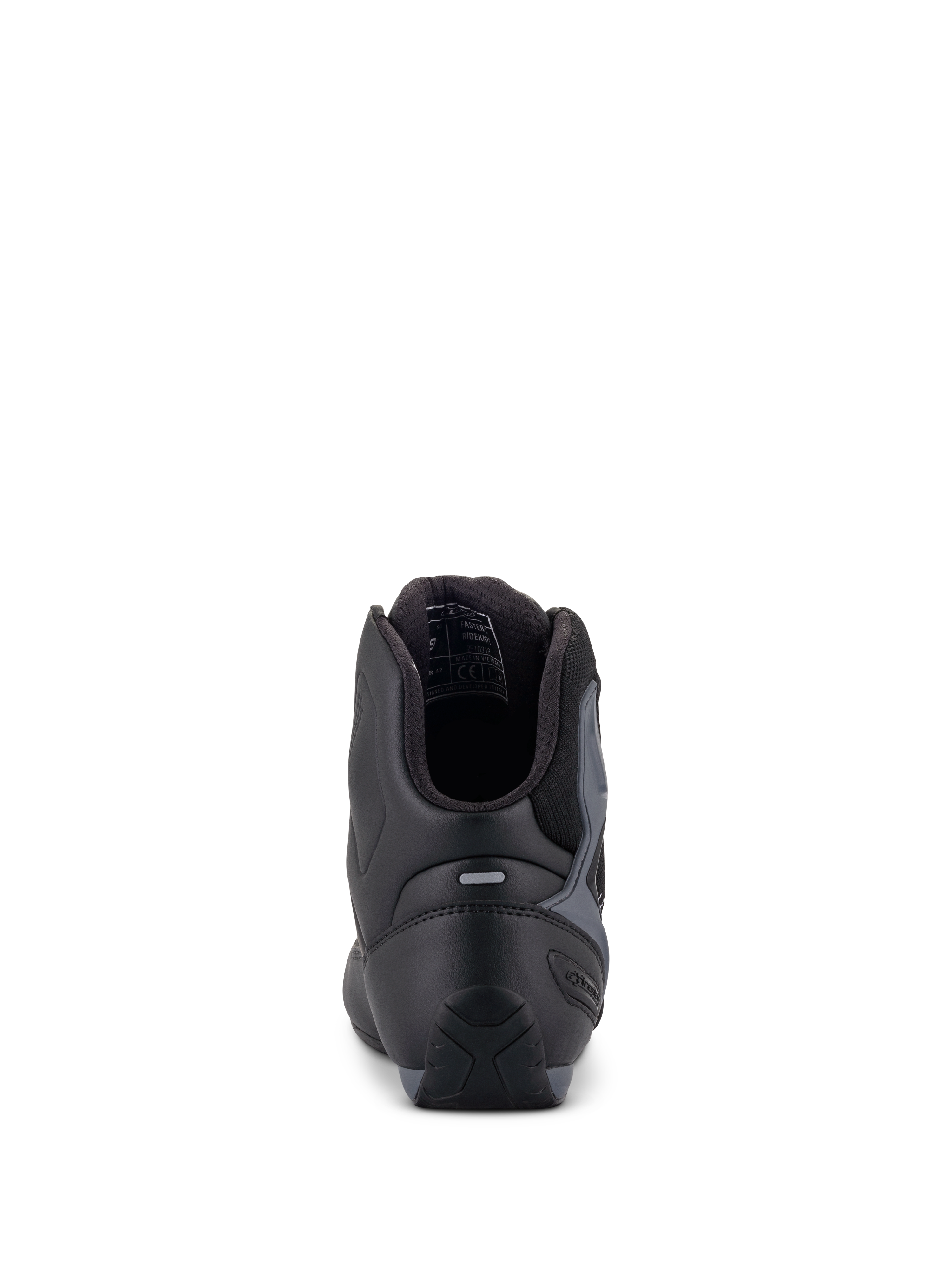 Alpinestars Faster-3 Rideknit® Shoes, Motorcycle Riding Shoes, Black Gray and Bright Red, rear view showing TPR heel counter and padded collar, sleek microfiber and textile construction
