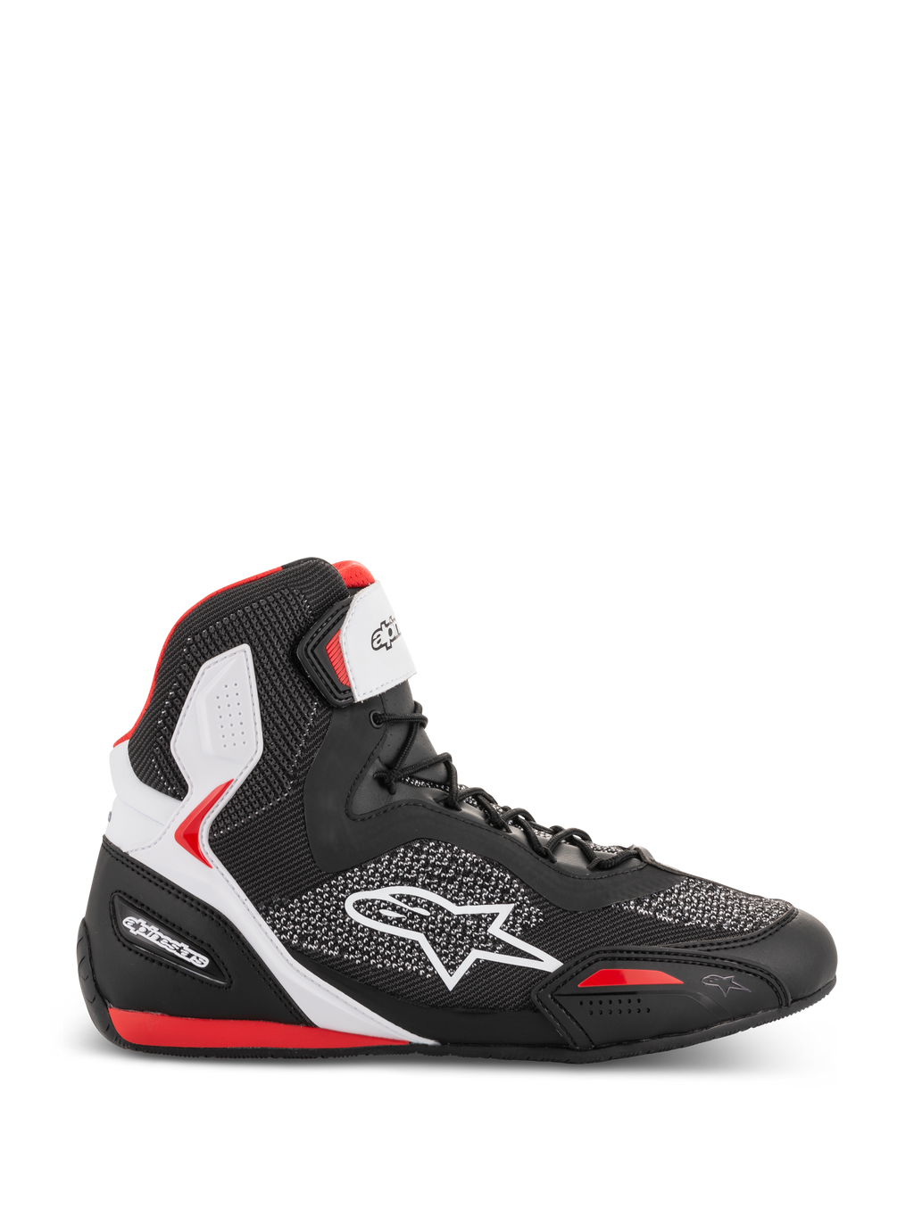 Alpinestars Faster-3 Rideknit Shoes, high-top motorcycle riding sneakers, black white and red, breathable knit mesh upper with white star logo, padded ankle support, sporty road racing design