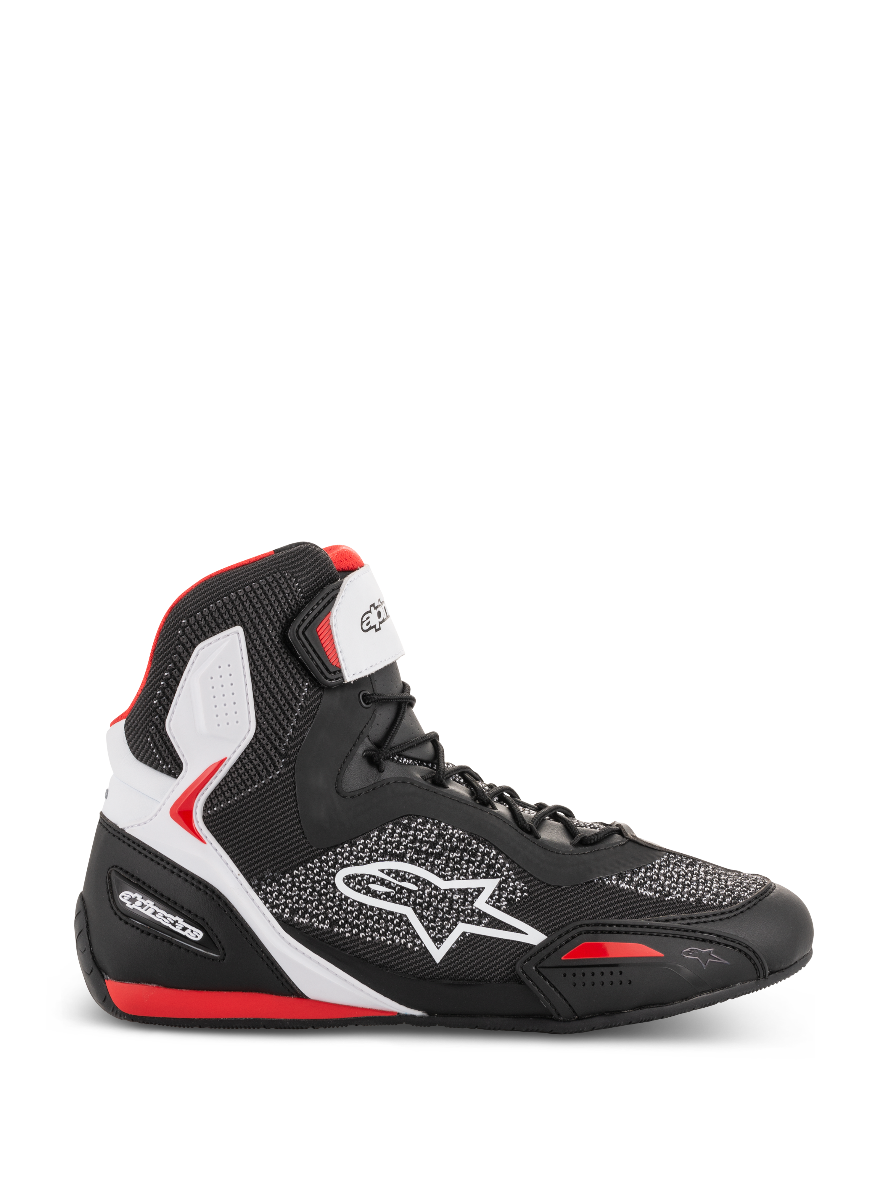 Alpinestars Faster-3 Rideknit® Schuhe, High-Top-Motorrad-Sneaker, Schwarz, Weiß und Rot, atmungsaktives Strick-Mesh-Obermaterial mit weißem Stern-Logo, gepolsterte Knöchelunterstützung, sportliches Road-Racing-Design