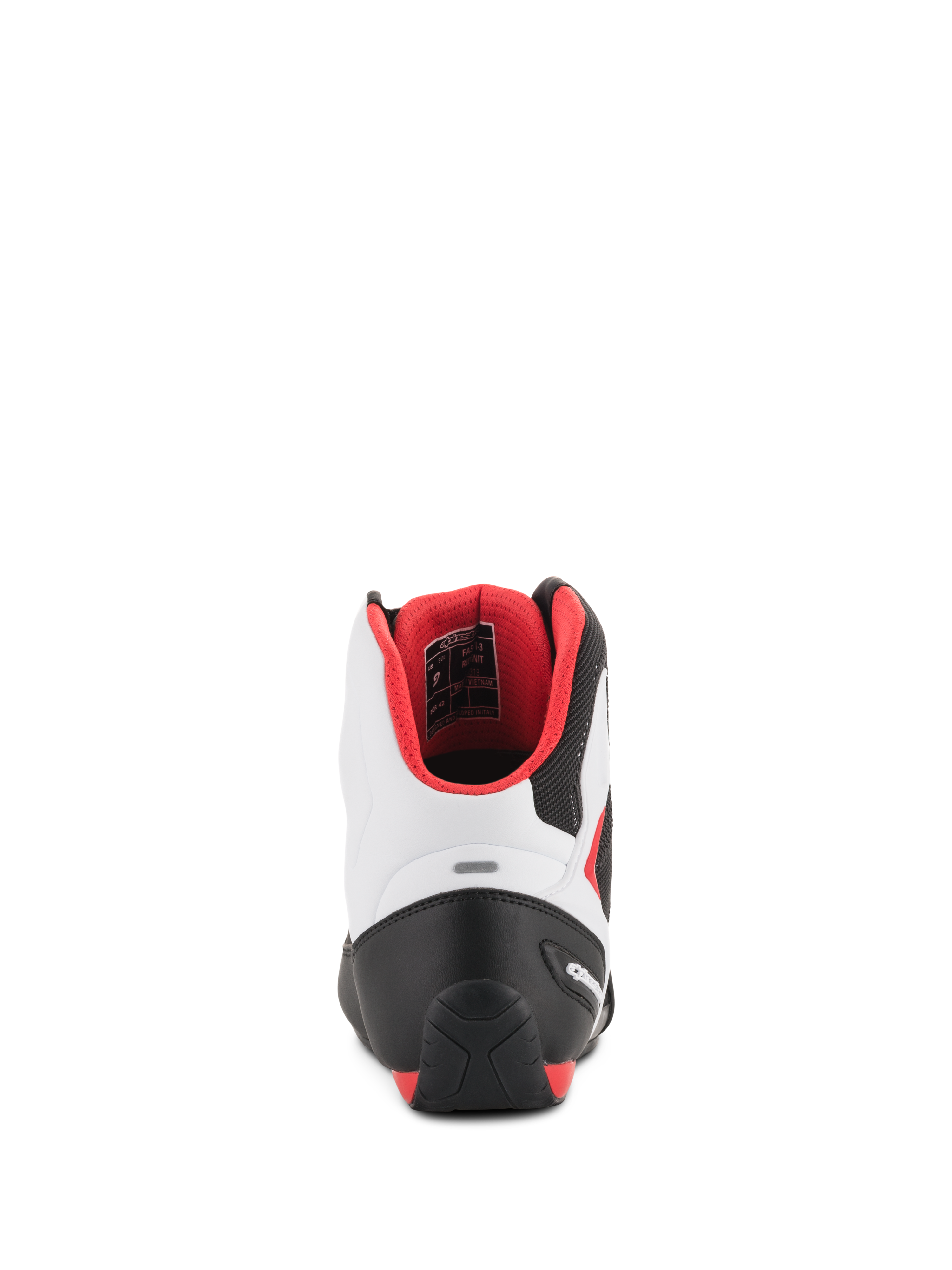 Alpinestars Faster-3 Rideknit® Shoes, Motorcycle Riding Shoes, Black White and Red, rear view showing the TPR heel counter and red interior mesh lining, sporty road racing design with a microfiber chassis