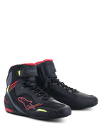 Alpinestars Faster-3 Rideknit® Shoes, Black Red Yellow Fluo, lightweight motorcycle riding shoes featuring a microfiber and mesh upper, red Alpinestars logo, and fluorescent yellow accents, high-top profile with lace-up closure and ankle strap.