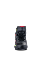 Alpinestars Faster-3 Rideknit® Shoes, Motorcycle Riding Shoes, Black with Red and Yellow Fluo accents, front view featuring laces, a velcro ankle strap, and breathable knit panels with red lining