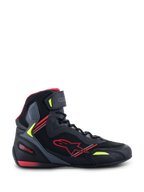 Alpinestars Faster-3 Rideknit® Shoes, Motorcycle Riding Shoes, Black with Red and Yellow Fluo accents, side profile showing breathable mesh and microfiber construction, high-top design with red star logo and adjustable ankle strap