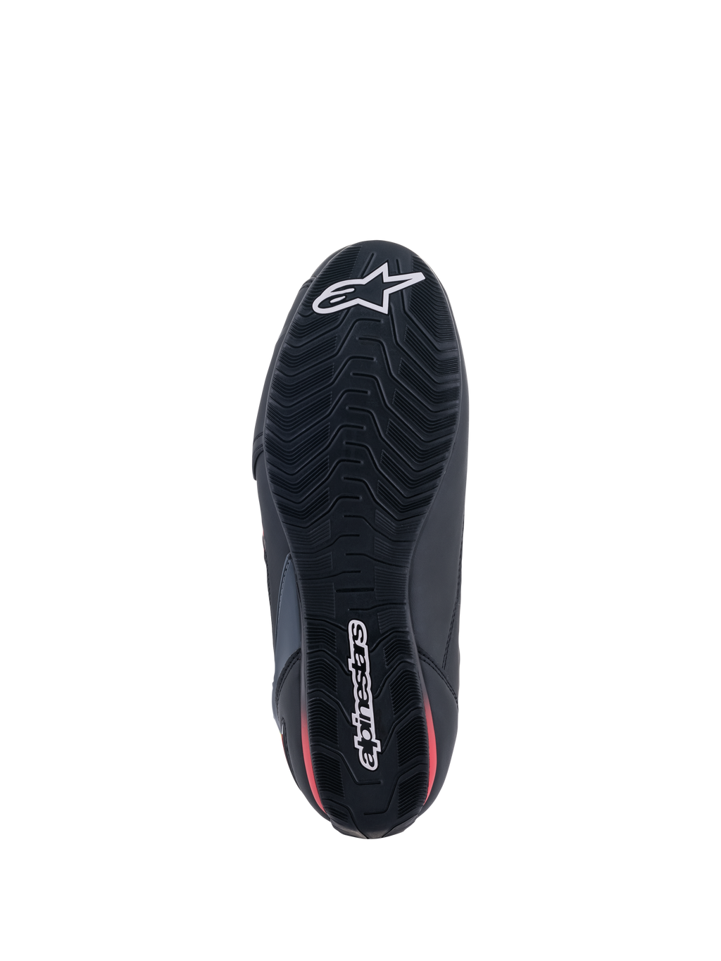 Alpinestars Faster-3 Rideknit® Shoes, Bottom View, Black sole with red accents, featuring textured tread pattern for grip, white Alpinestars star logo on the toe and wordmark on the heel, lightweight motorcycle riding footwear