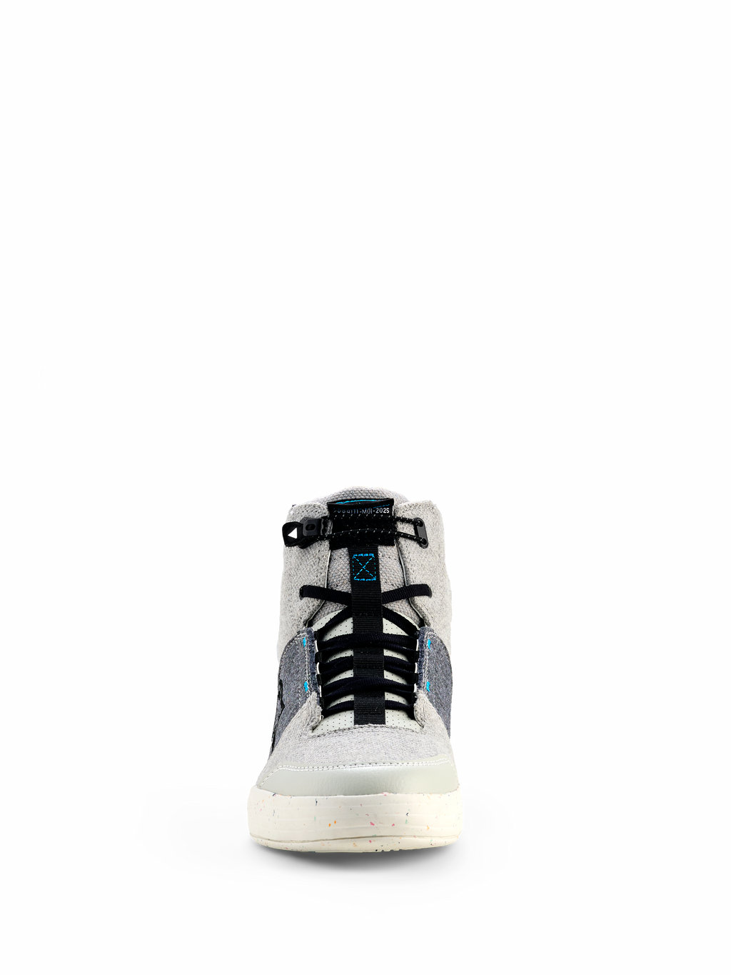 Alpinestars Circal Riding Shoes, urbane Motorradschuhe, Grau, Schwarz und Methyl-Blau, Vorderansicht mit High-Top-Design, Canvas-Einsätzen, schwarzen elastischen Schnürsenkeln und gesprenkelter cremeweißer Sohle