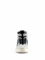 Alpinestars Circal Riding Shoes, urbane Motorradschuhe, Grau, Schwarz und Methyl-Blau, Vorderansicht mit High-Top-Design, Canvas-Einsätzen, schwarzen elastischen Schnürsenkeln und gesprenkelter cremeweißer Sohle