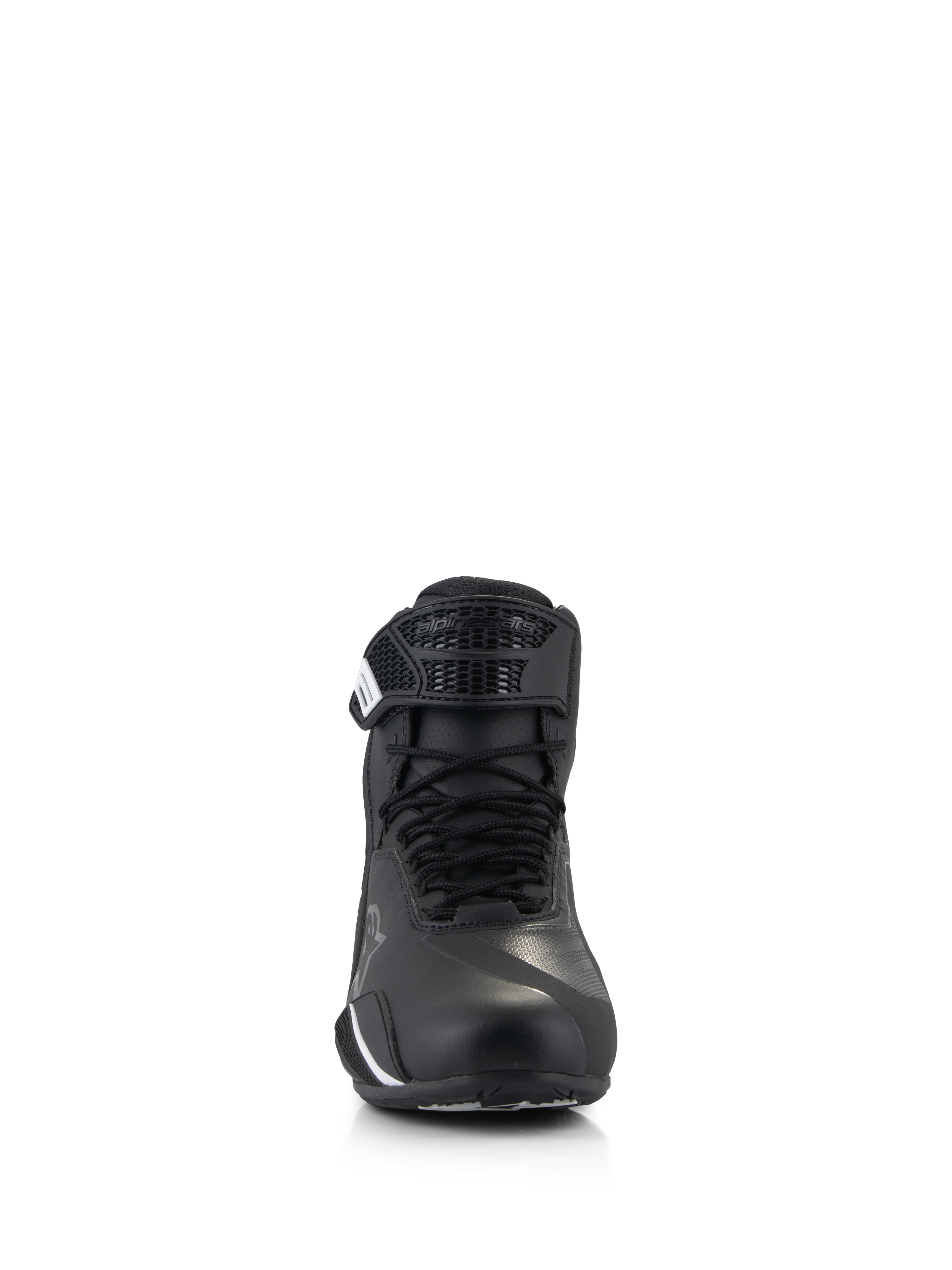 Alpinestars Faster-4 Shoes, Motorcycle Riding Shoes, Black, front view showing traditional lace closure and hook-and-loop strap, advanced microfiber upper with protective reinforcements, sleek and technical road riding footwear