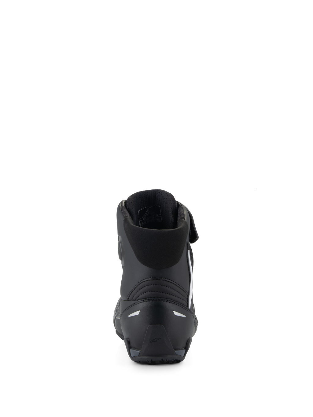 Alpinestars Faster-4 Shoes, Black Motorcycle Riding Shoes, rear view highlighting the TPR heel counter and reflective accents, padded textile collar, performance-driven design for sport road riding.