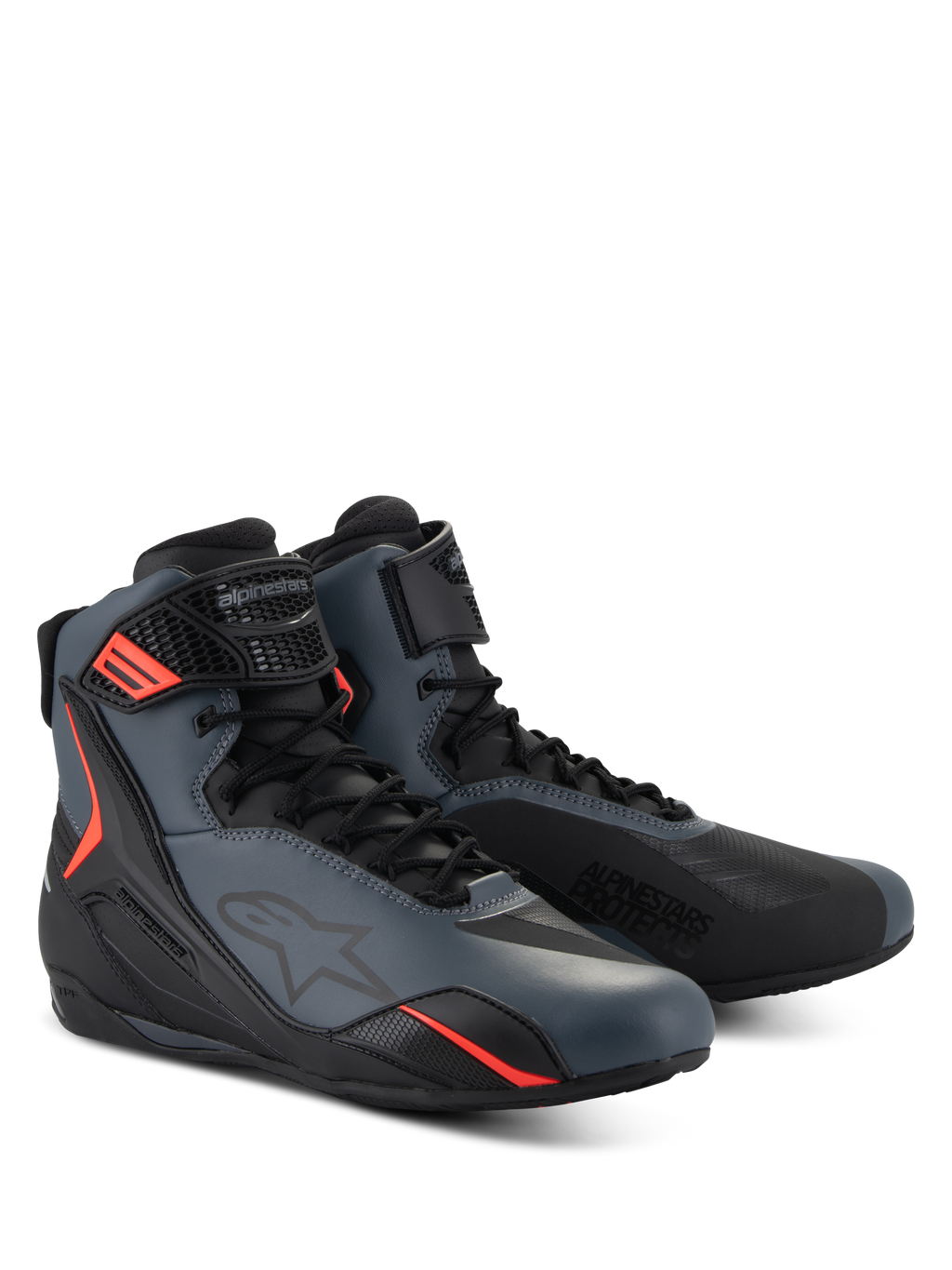 Alpinestars Faster-4 Schuhe, Motorradschuhe, Schwarz, Grau und Rot Fluo, nahtloses Obermaterial aus Mikrofaser mit schützenden TPU-Einsätzen, Schnürverschluss mit Klettverschlussriemen, sportliches aerodynamisches Profil für Straßenfahrten