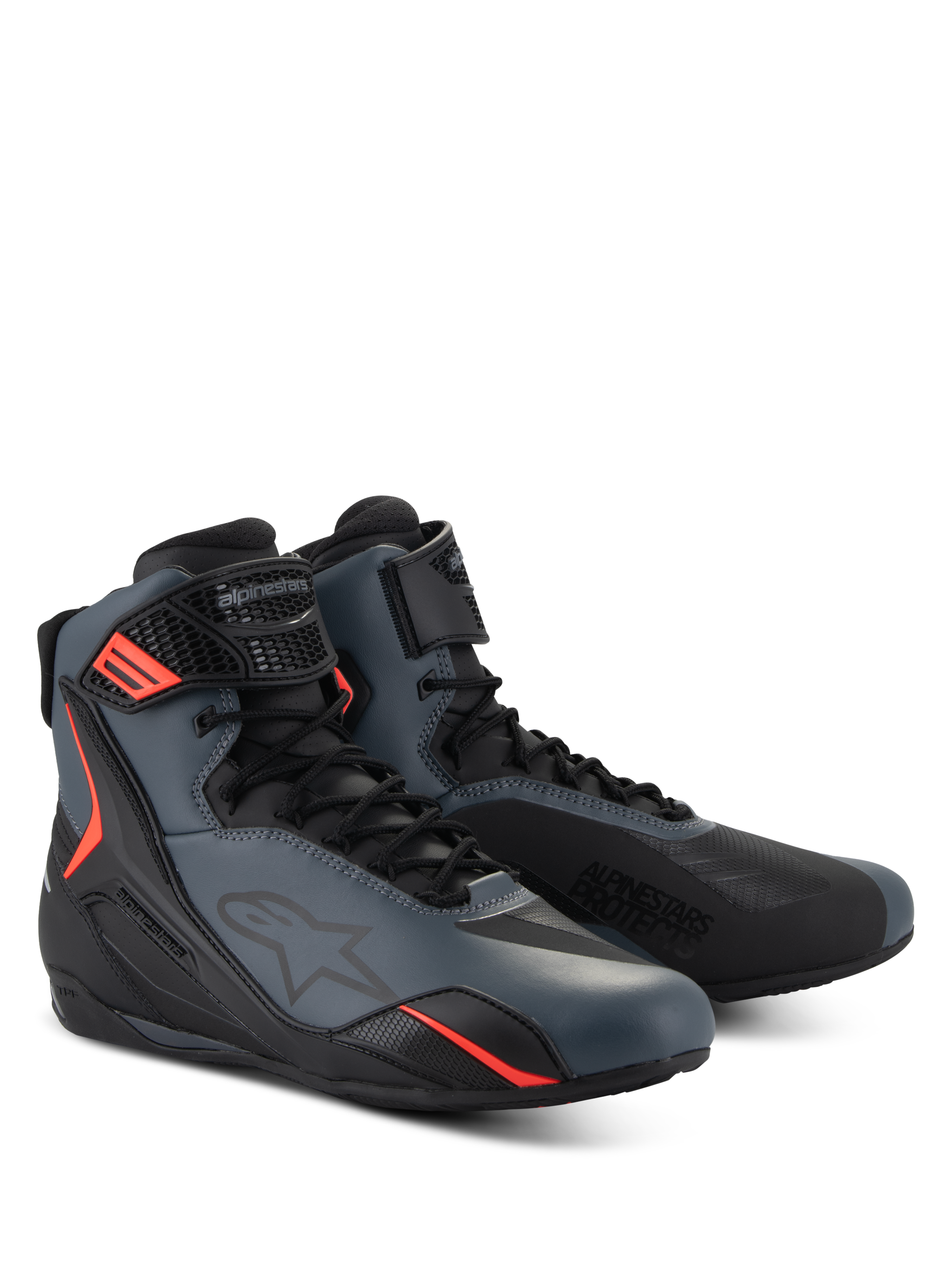 Alpinestars Faster-4 Schuhe, Motorradschuhe, Schwarz, Grau und Rot Fluo, nahtloses Obermaterial aus Mikrofaser mit schützenden TPU-Einsätzen, Schnürverschluss mit Klettverschlussriemen, sportliches aerodynamisches Profil für Straßenfahrten