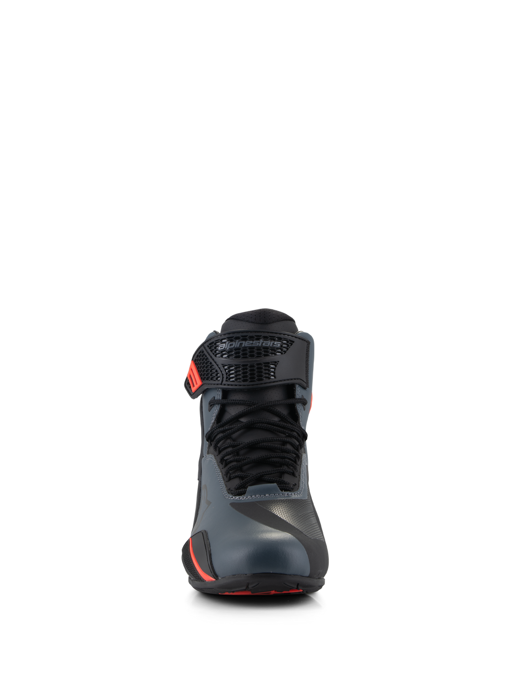 Alpinestars Faster-4 Schuhe, Motorradschuhe, Schwarz, Grau und Fluo-Rot, Vorderansicht mit nahtlosem Mikrofaser-Obermaterial, traditionellen Schnürsenkeln und verstellbarem Knöchelriemen mit Alpinestars-Logo