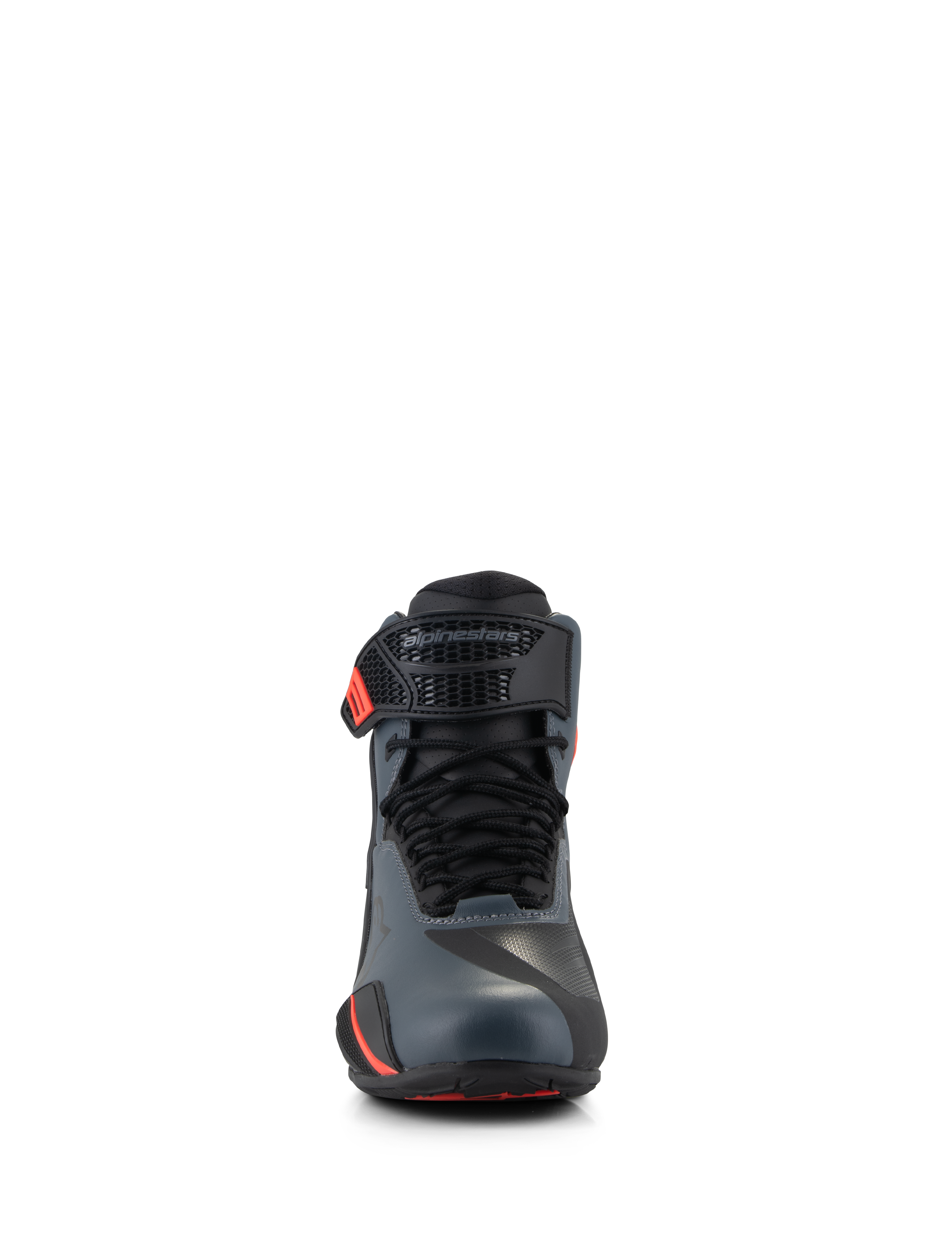 Alpinestars Faster-4 Schuhe, Motorradschuhe, Schwarz, Grau und Fluo-Rot, Vorderansicht mit nahtlosem Mikrofaser-Obermaterial, traditionellen Schnürsenkeln und verstellbarem Knöchelriemen mit Alpinestars-Logo